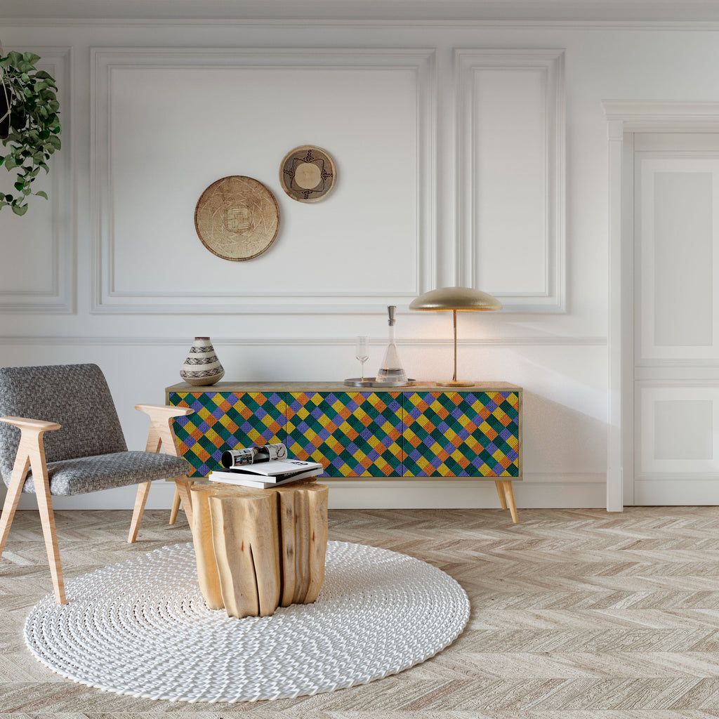 Meuble TV 3 portes PAINTED SQUARES MIX effet chêne