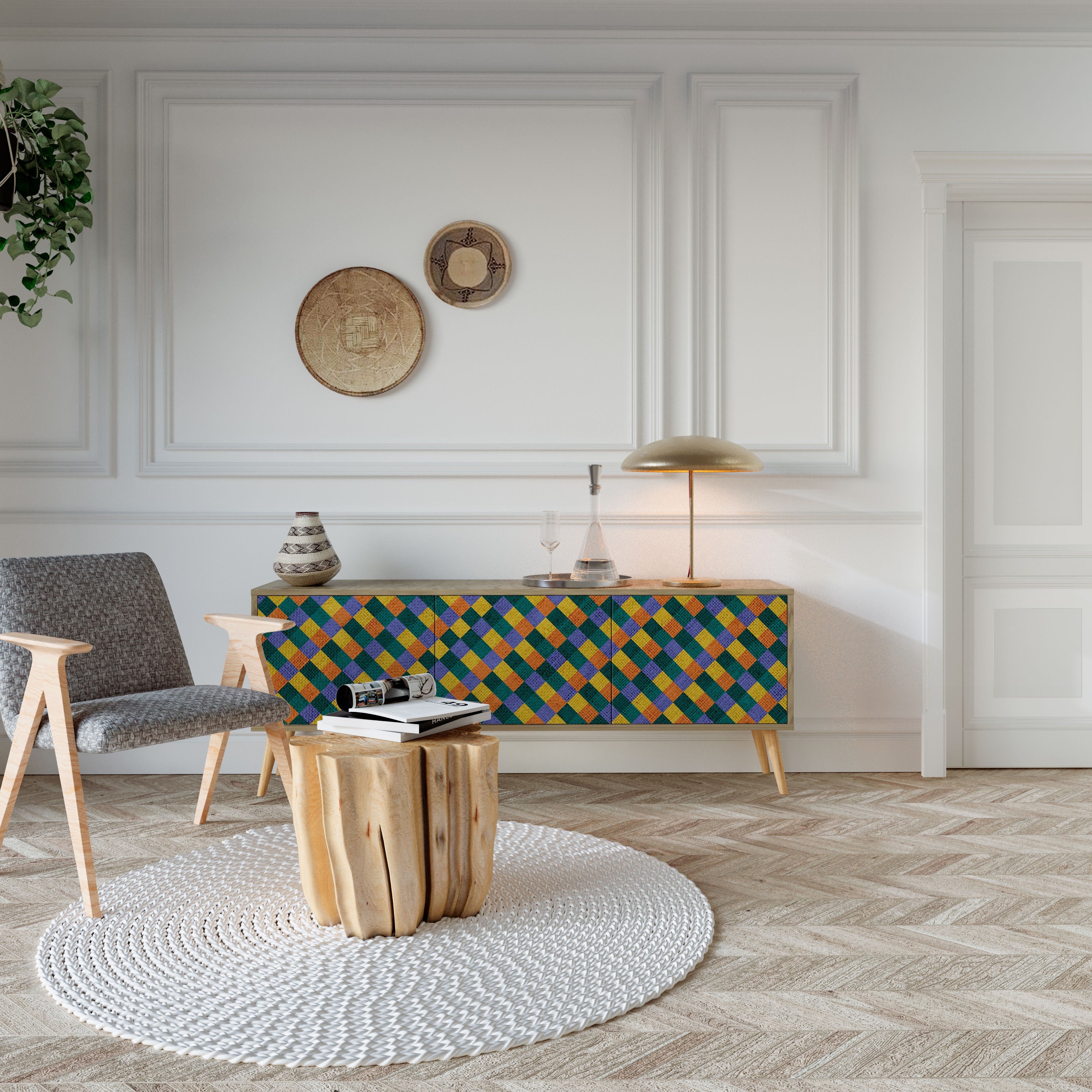 Meuble TV 3 portes PAINTED SQUARES MIX effet chêne