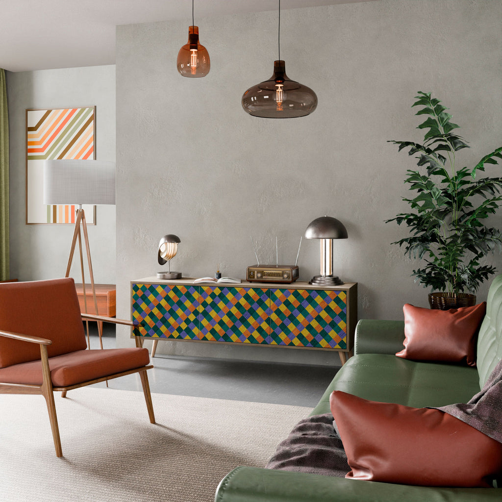 Meuble TV 3 portes PAINTED SQUARES MIX effet chêne