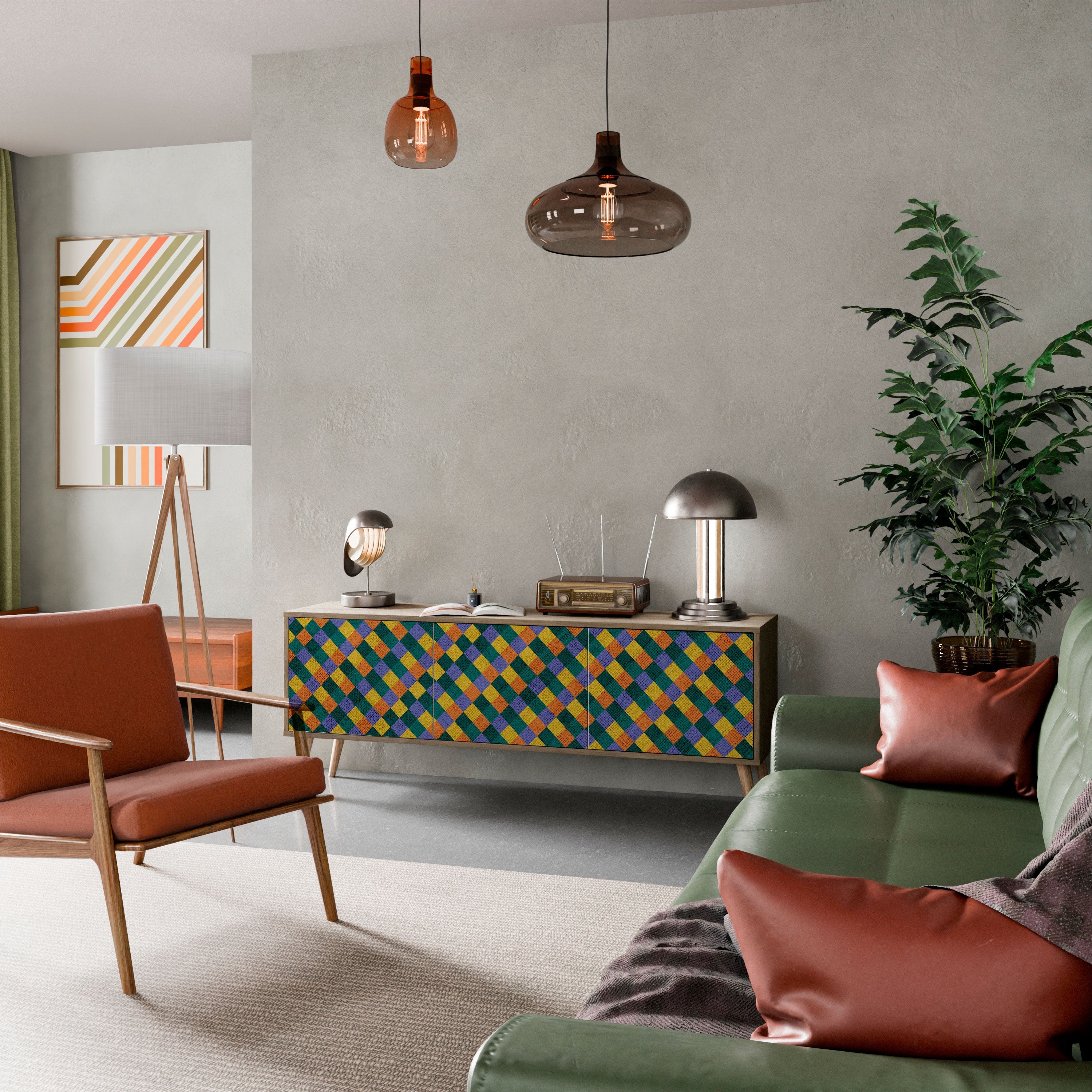 Meuble TV 3 portes PAINTED SQUARES MIX effet chêne