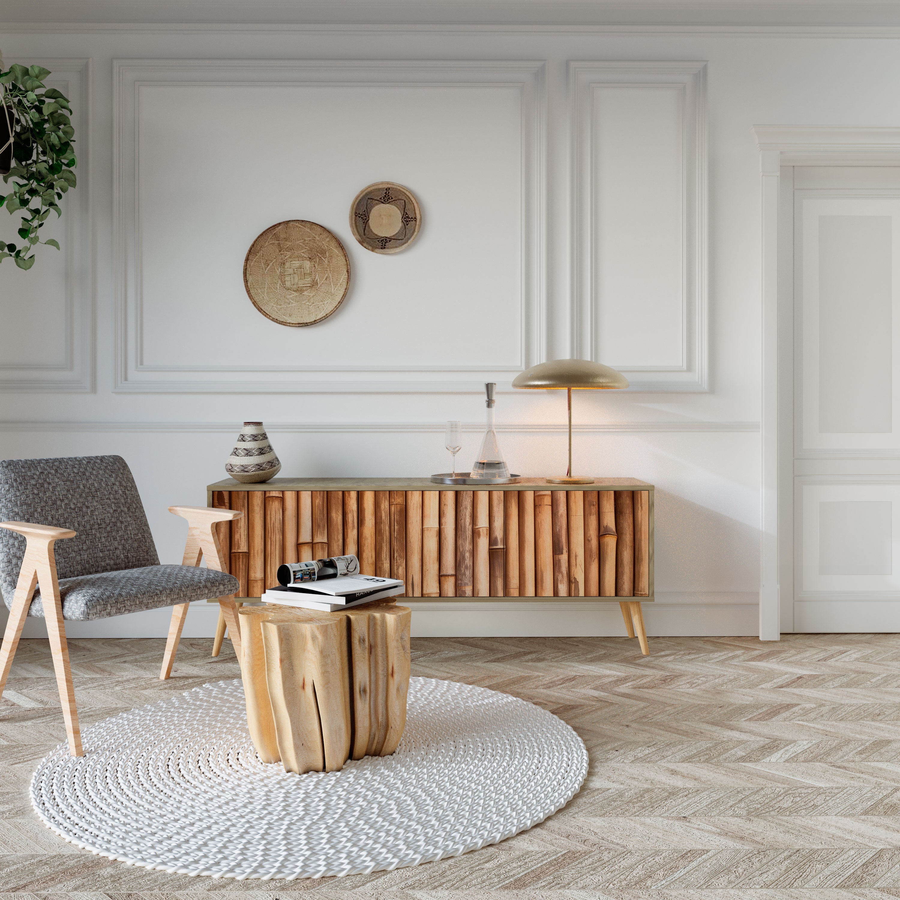 Meuble TV 3 portes en BOIS NATUREL effet chêne