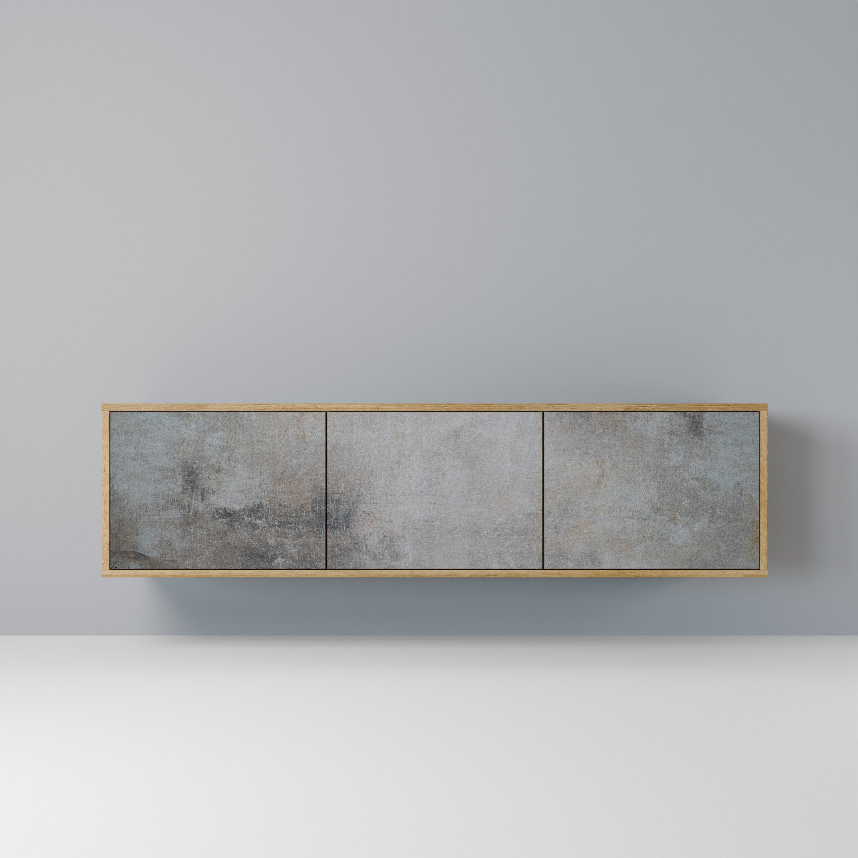 Meuble TV 3 portes effet chêne avec mur en béton