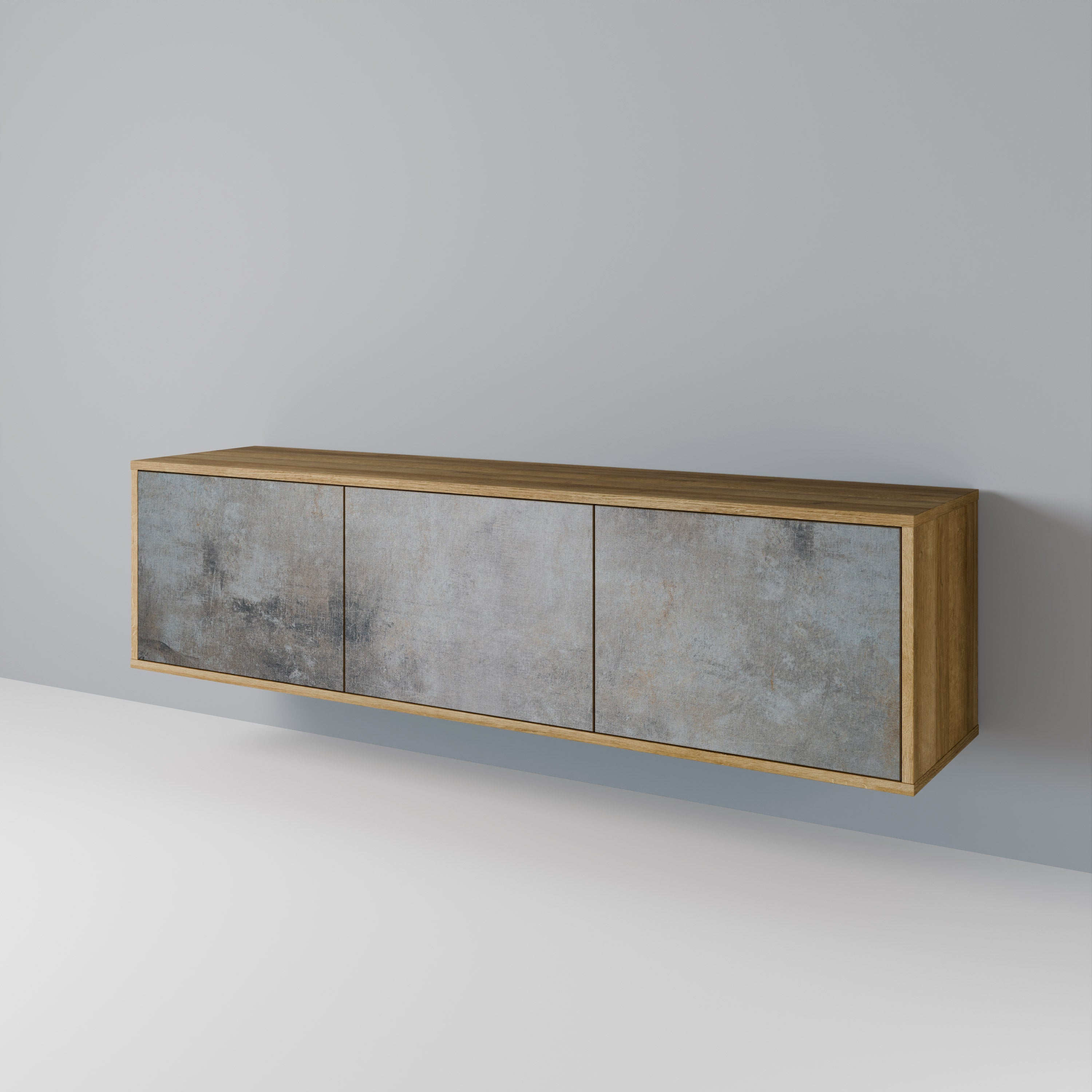 Meuble TV 3 portes effet chêne avec mur en béton