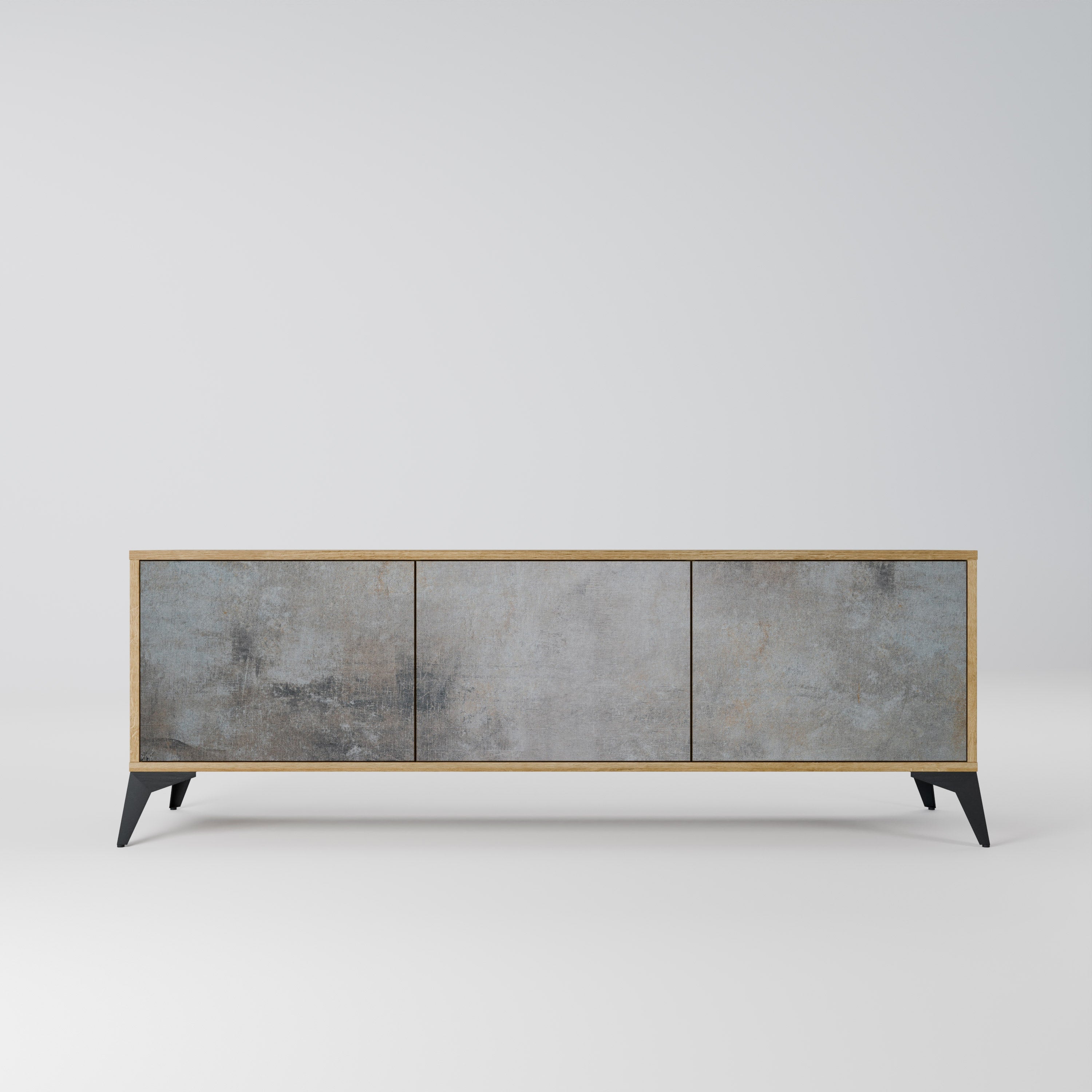 Meuble TV 3 portes effet chêne avec mur en béton