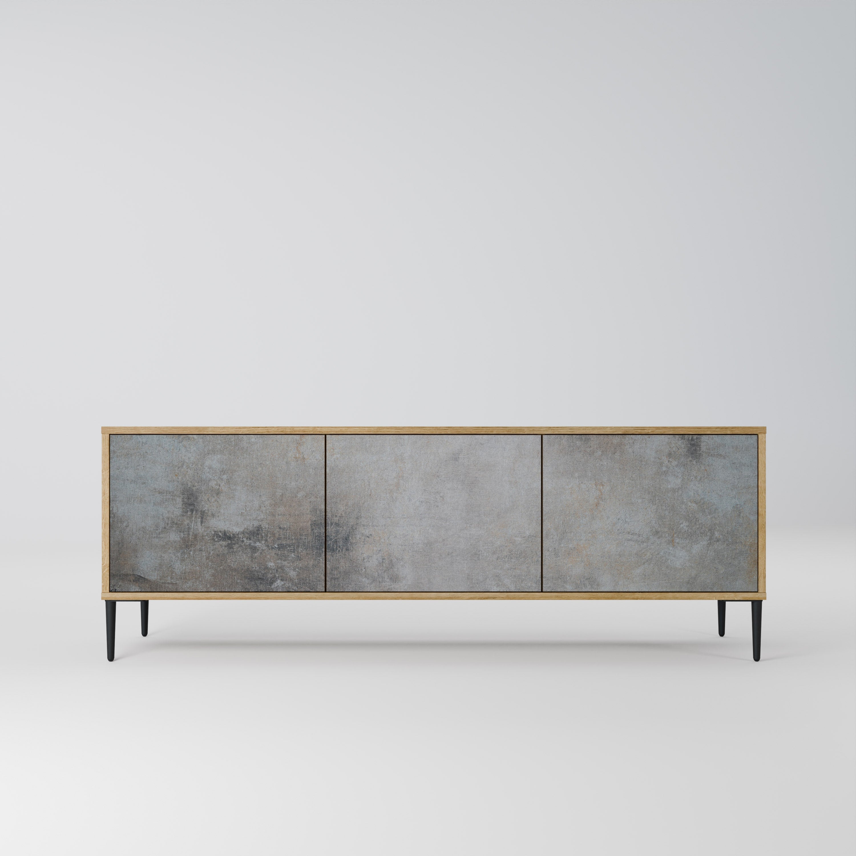 Meuble TV 3 portes effet chêne avec mur en béton