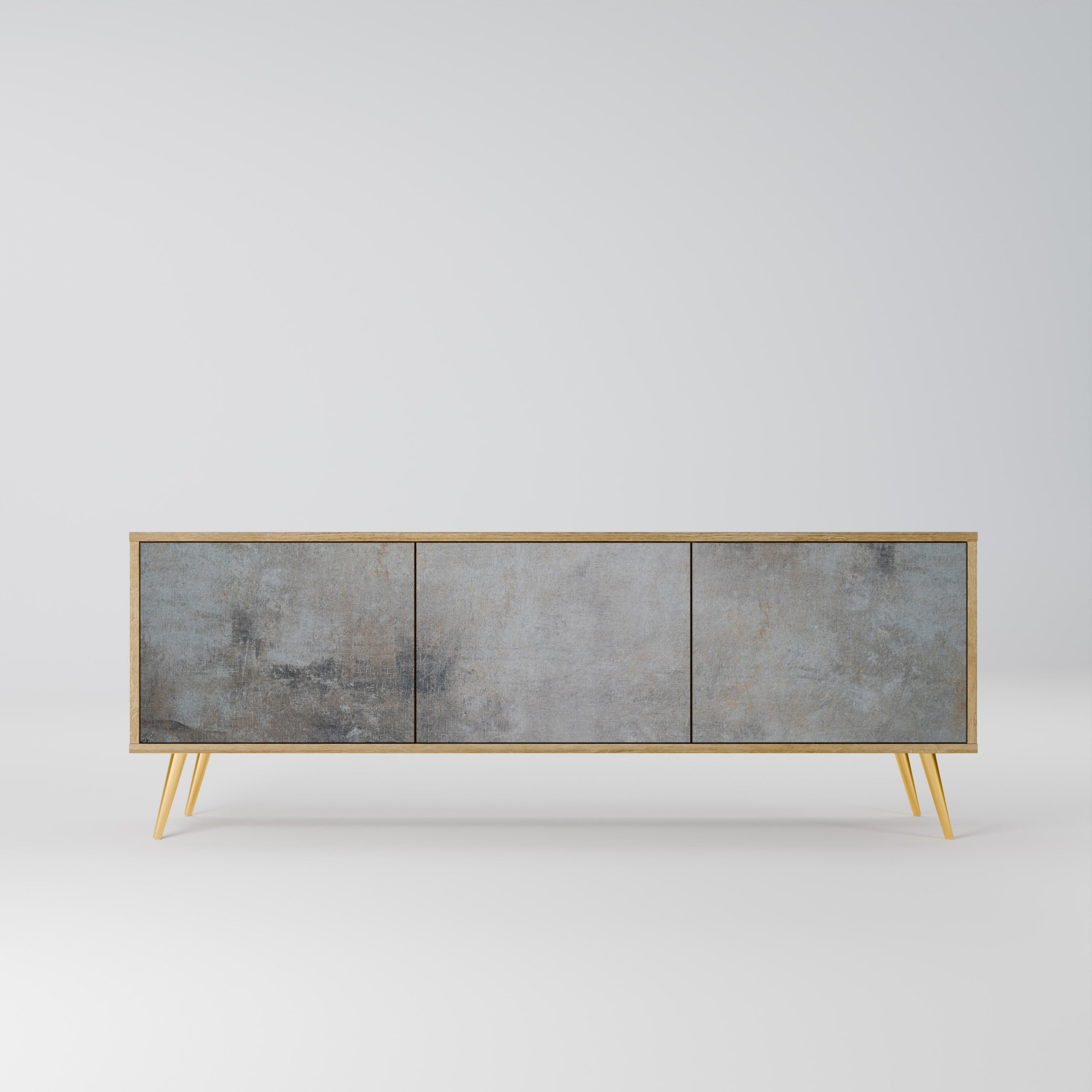 Meuble TV 3 portes effet chêne avec mur en béton