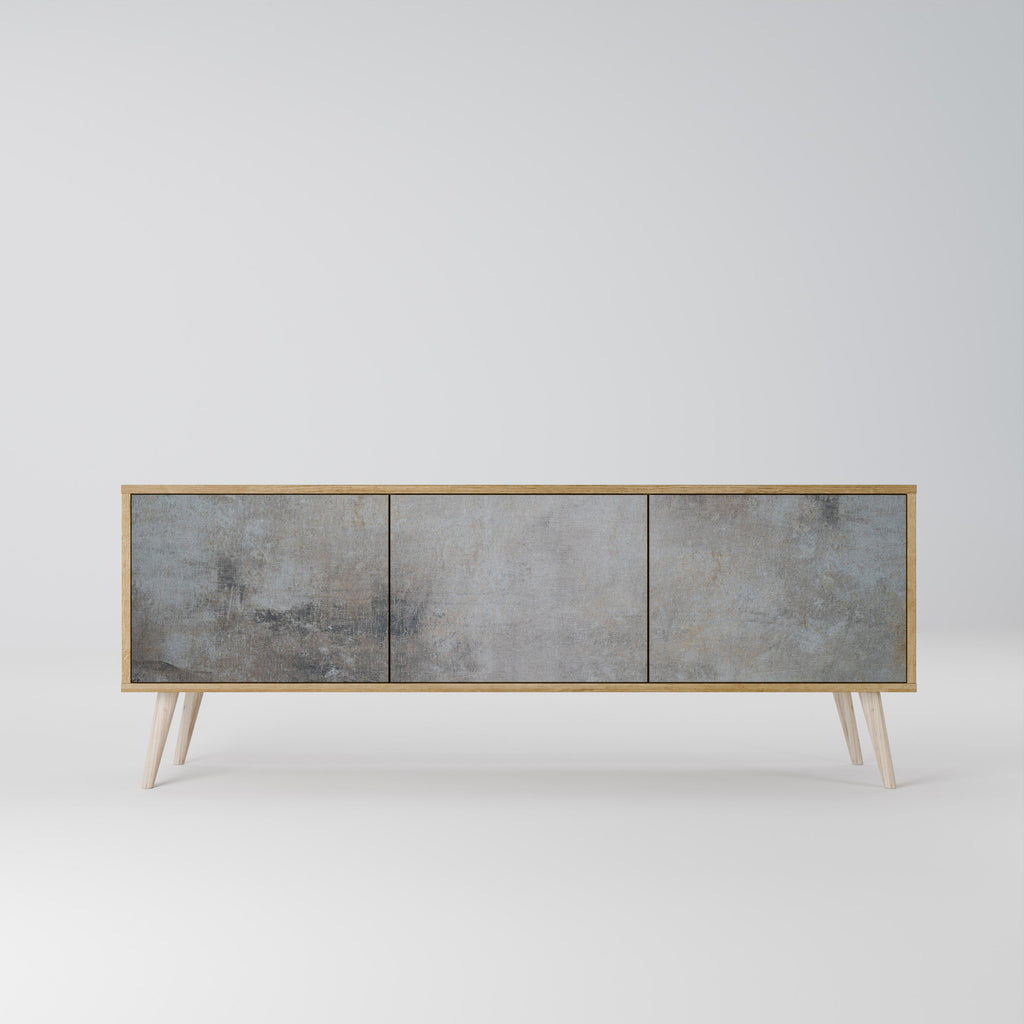 Meuble TV 3 portes effet chêne avec mur en béton