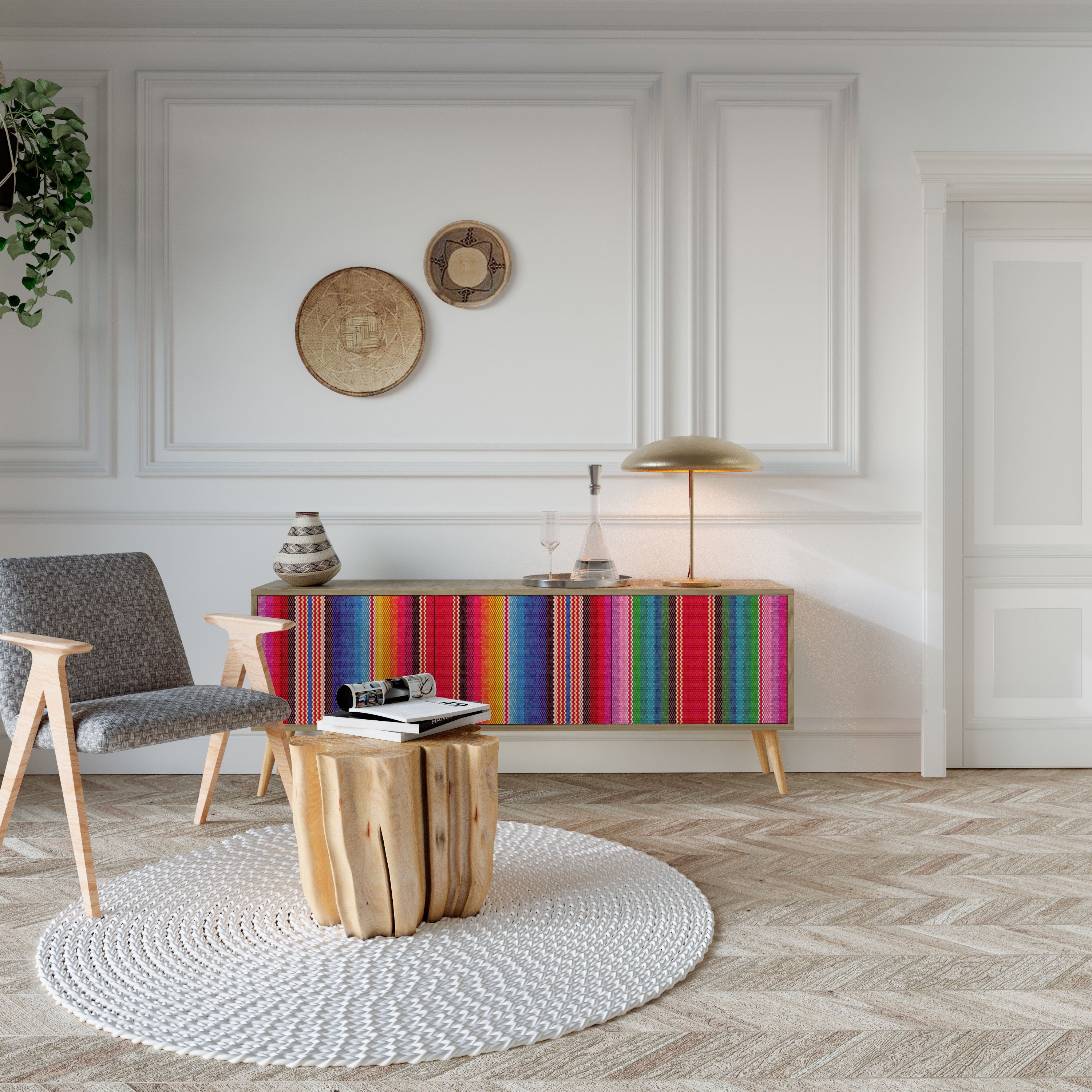 Meuble TV 3 portes ETHNIC MEXICAIN effet chêne