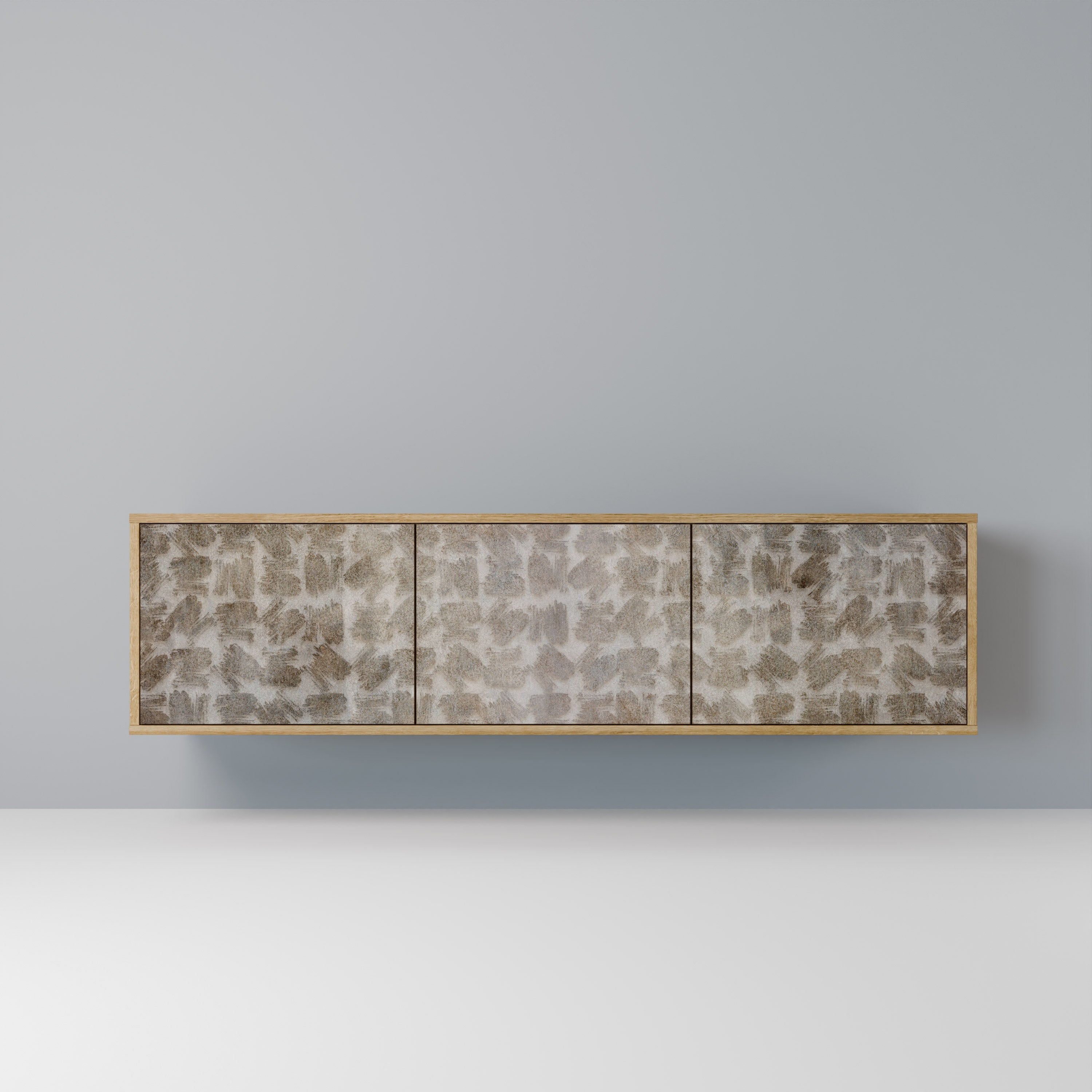 Meuble TV 3 portes LÉGÈREMENT FLOU, effet chêne