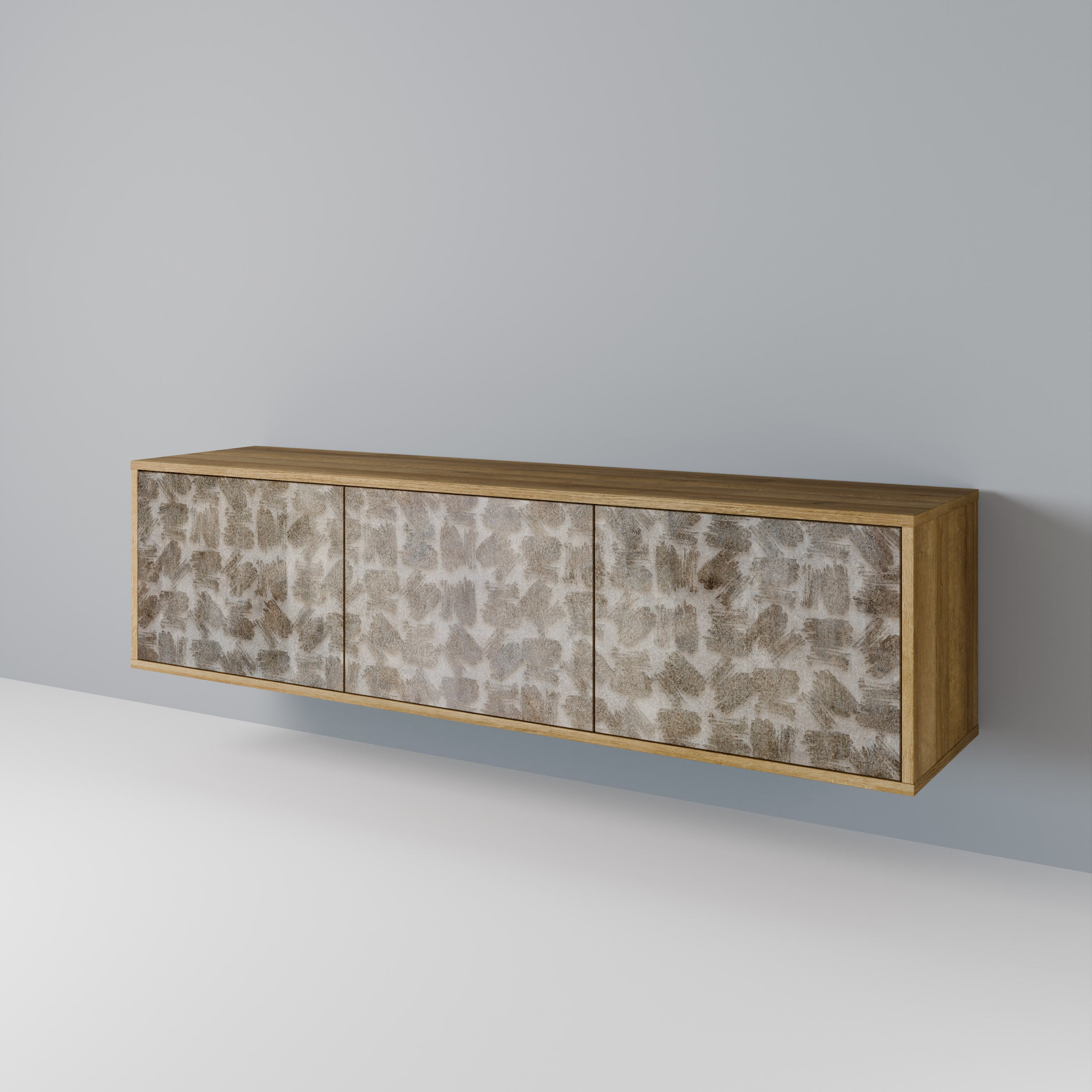 Meuble TV 3 portes LÉGÈREMENT FLOU, effet chêne