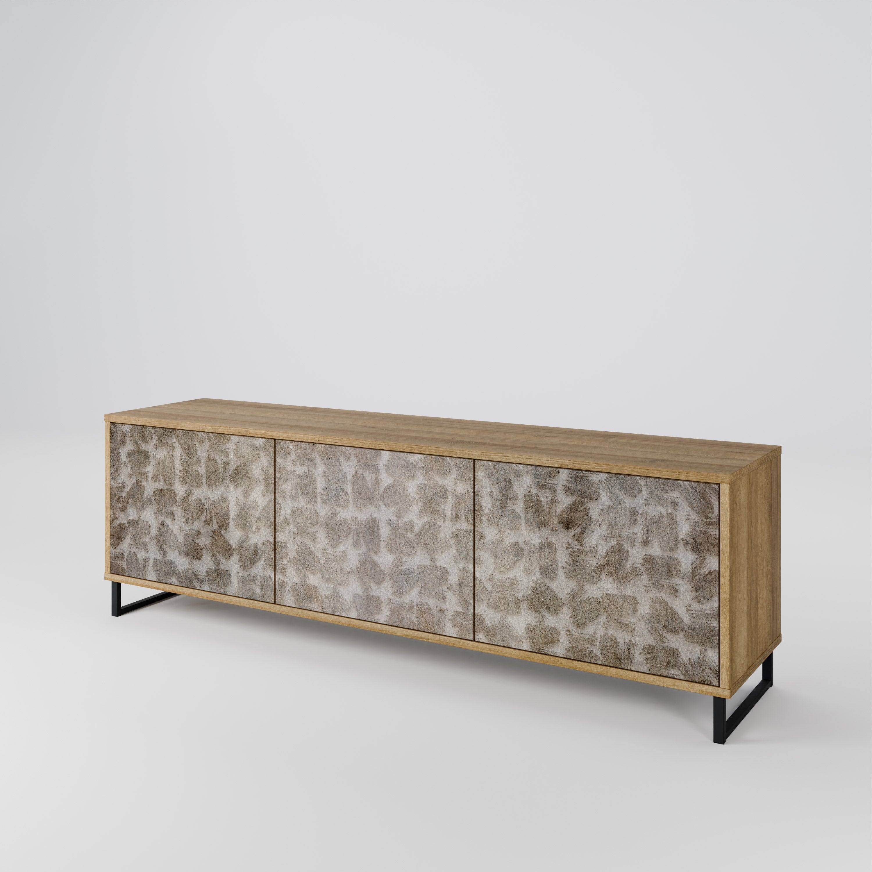 Meuble TV 3 portes LÉGÈREMENT FLOU, effet chêne