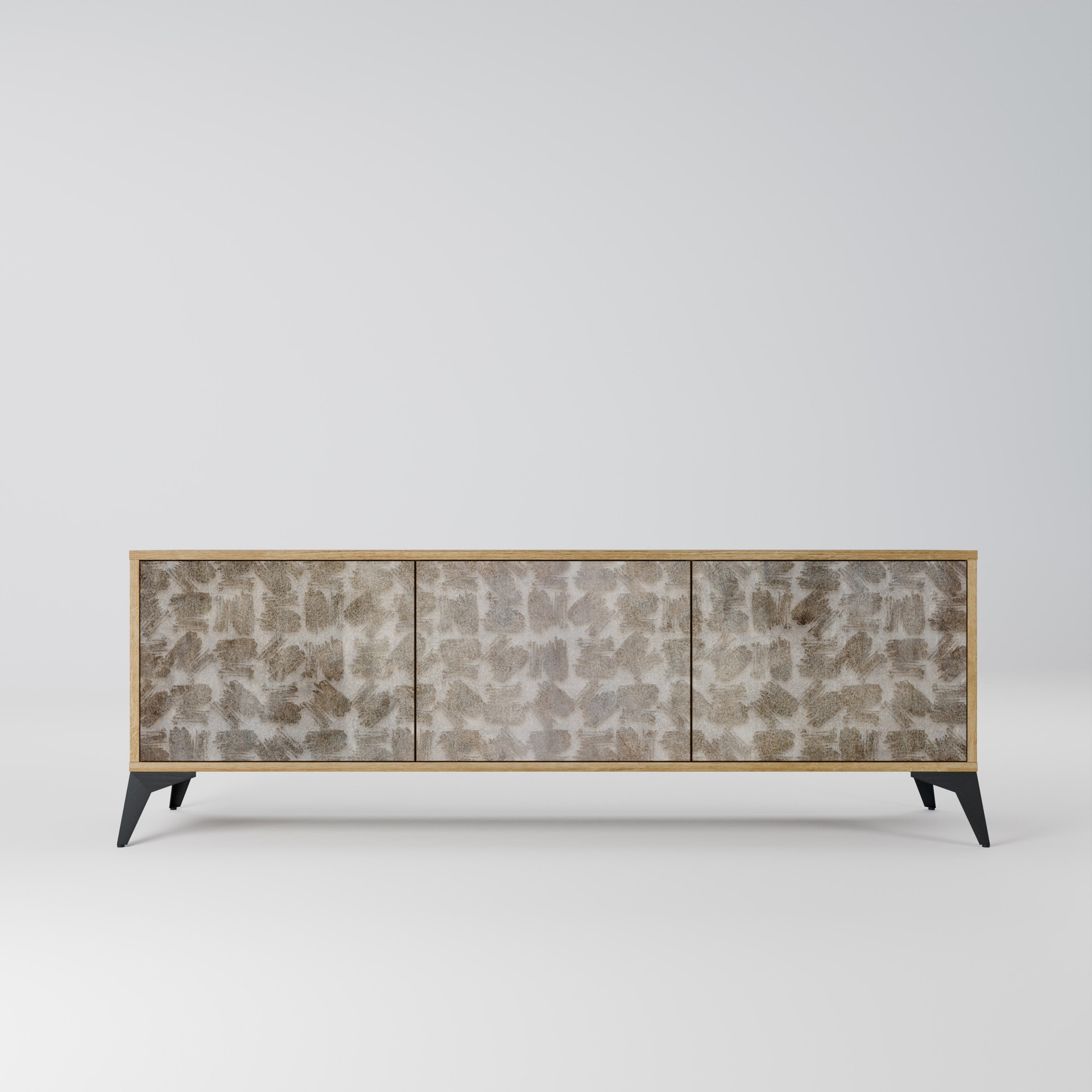 Meuble TV 3 portes LÉGÈREMENT FLOU, effet chêne