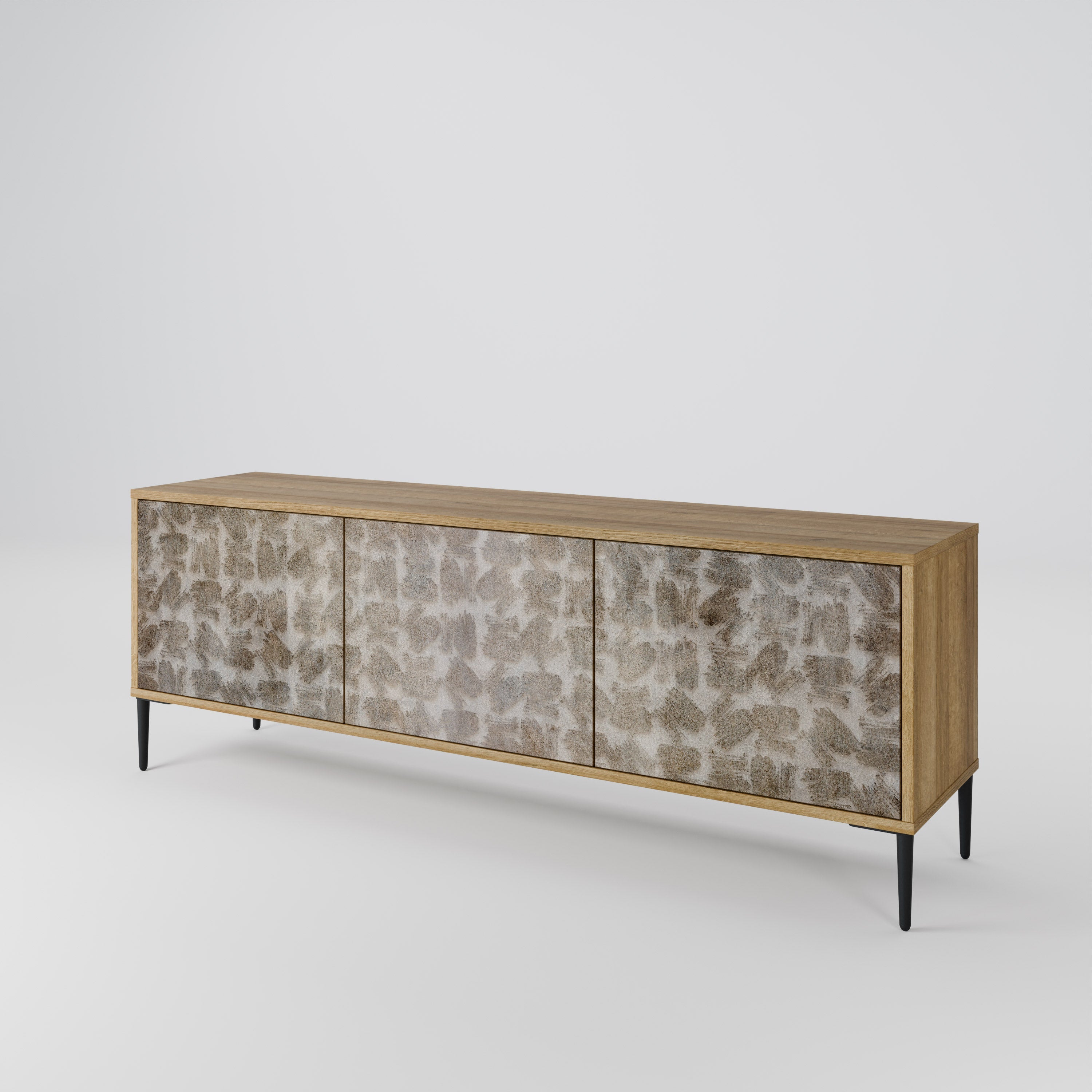 Meuble TV 3 portes LÉGÈREMENT FLOU, effet chêne