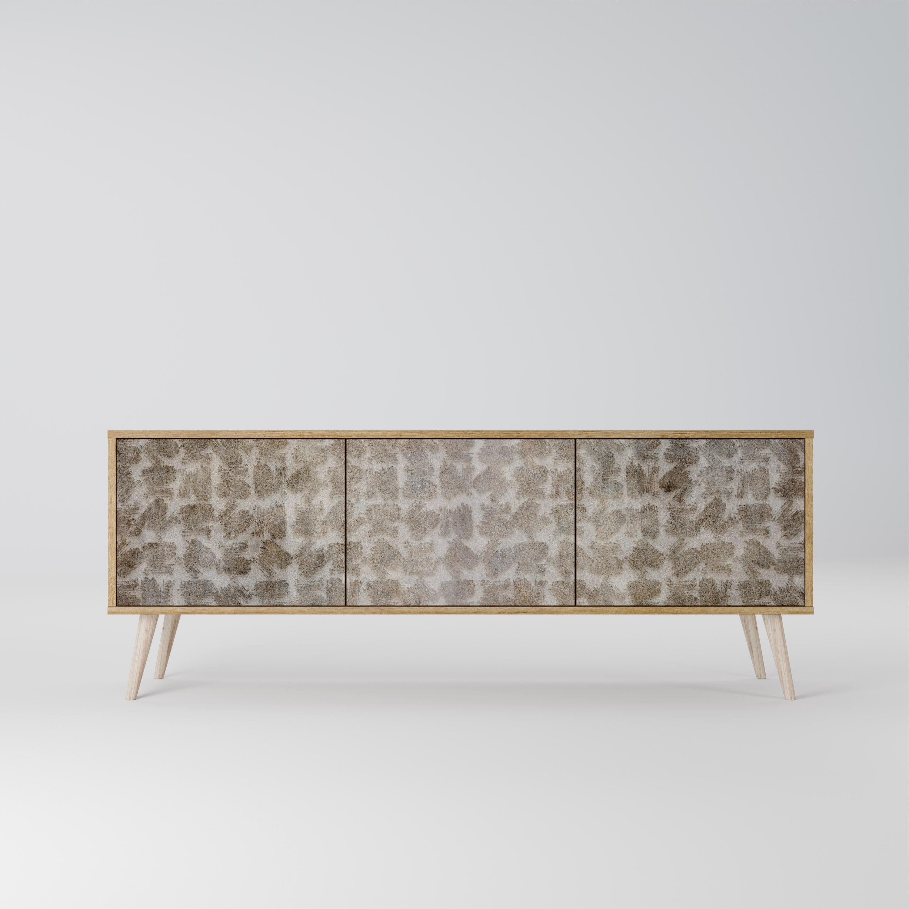 Meuble TV 3 portes LÉGÈREMENT FLOU, effet chêne