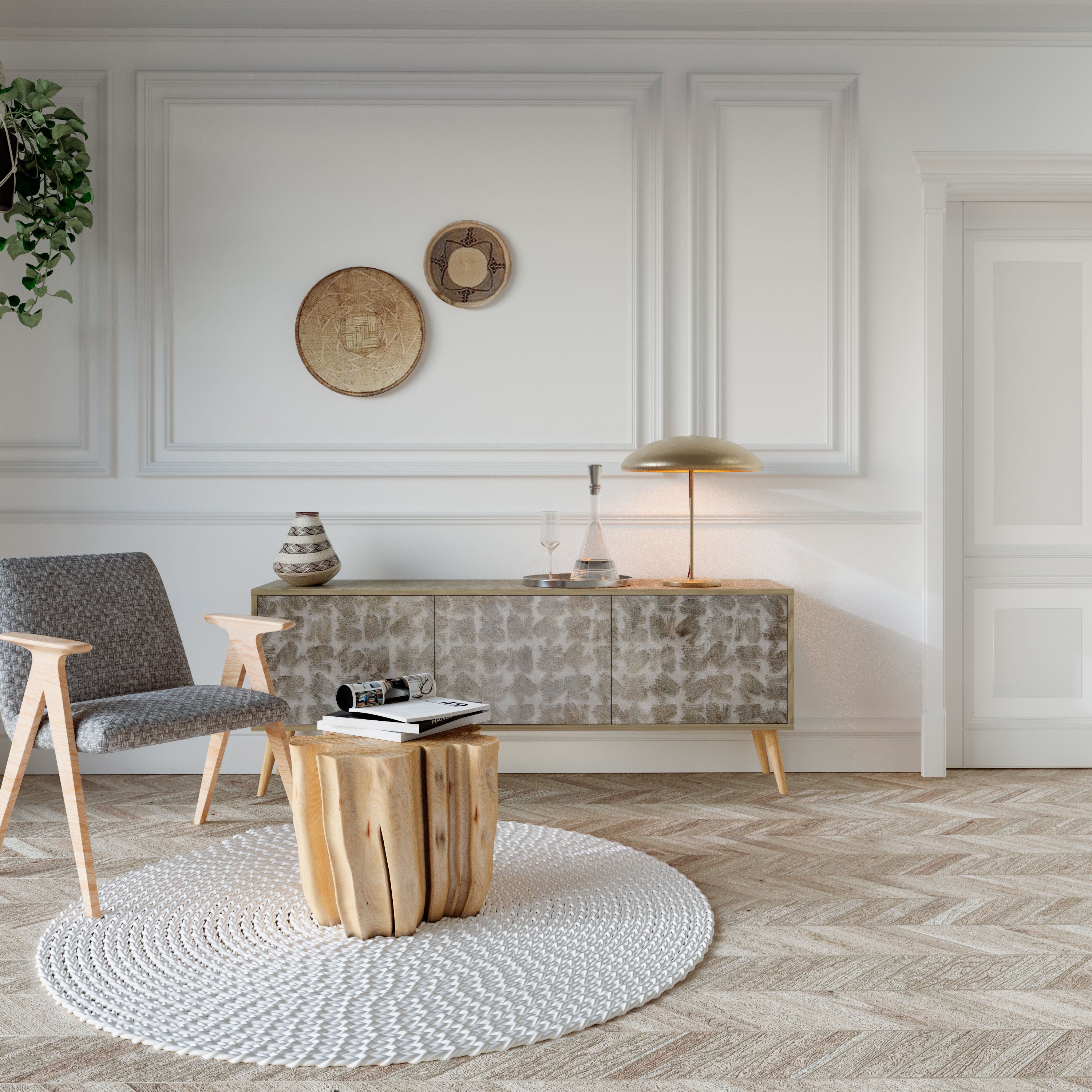 Meuble TV 3 portes LÉGÈREMENT FLOU, effet chêne