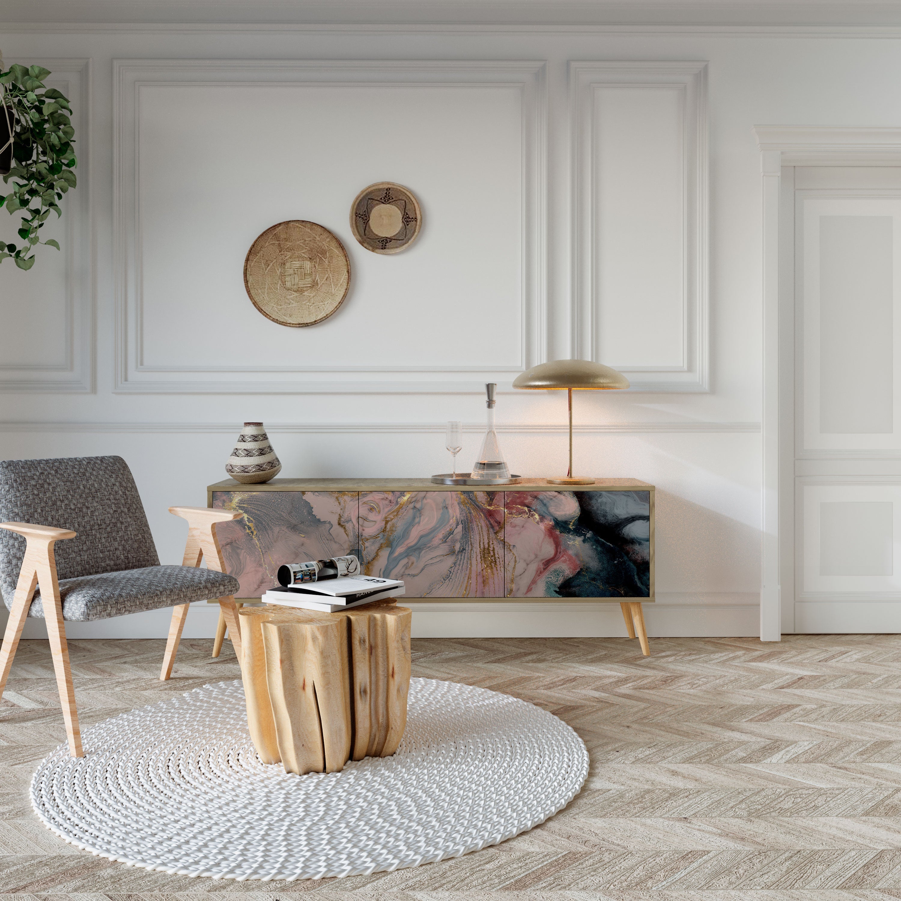 Meuble TV 3 portes GILDED SWIRLS effet chêne