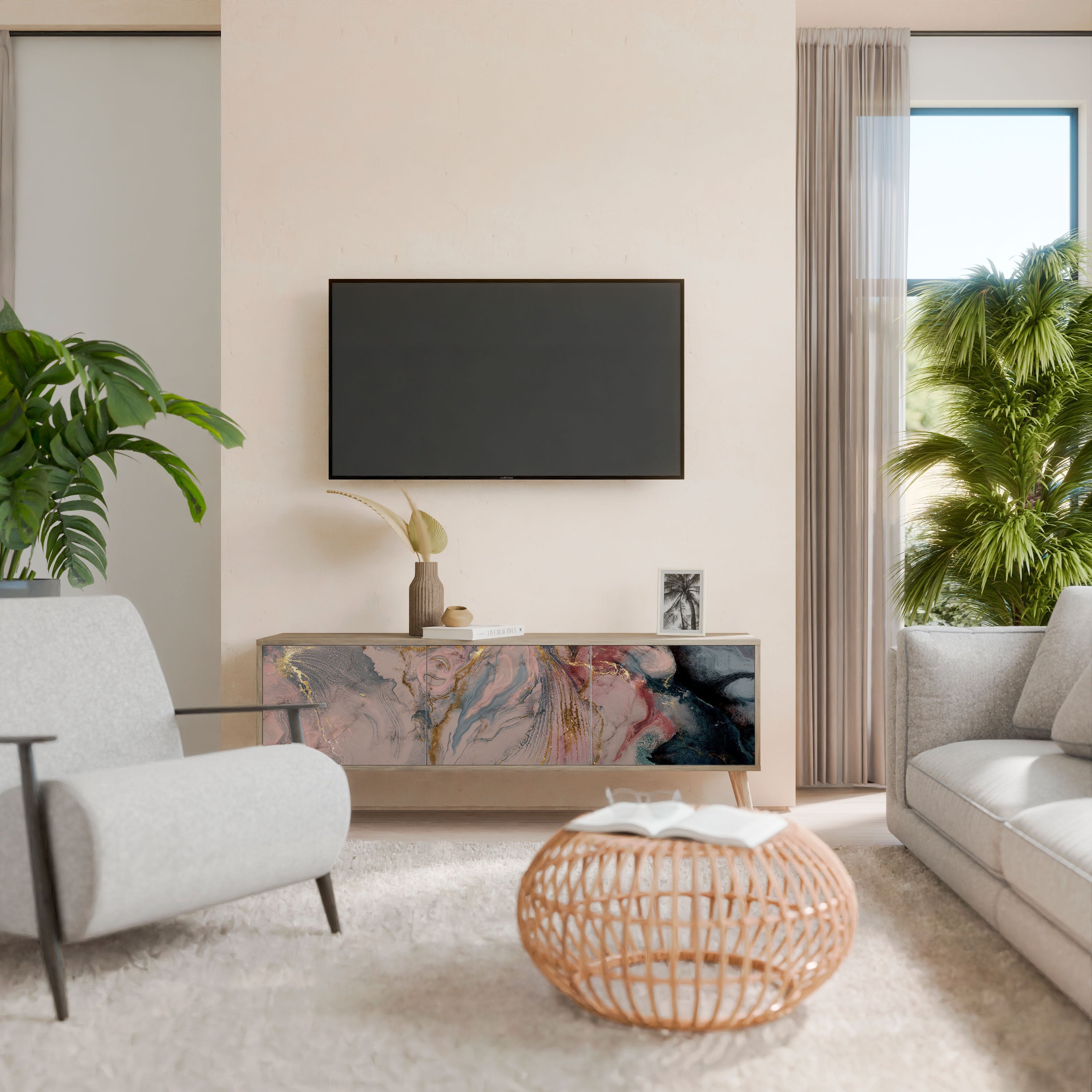 Meuble TV 3 portes GILDED SWIRLS effet chêne