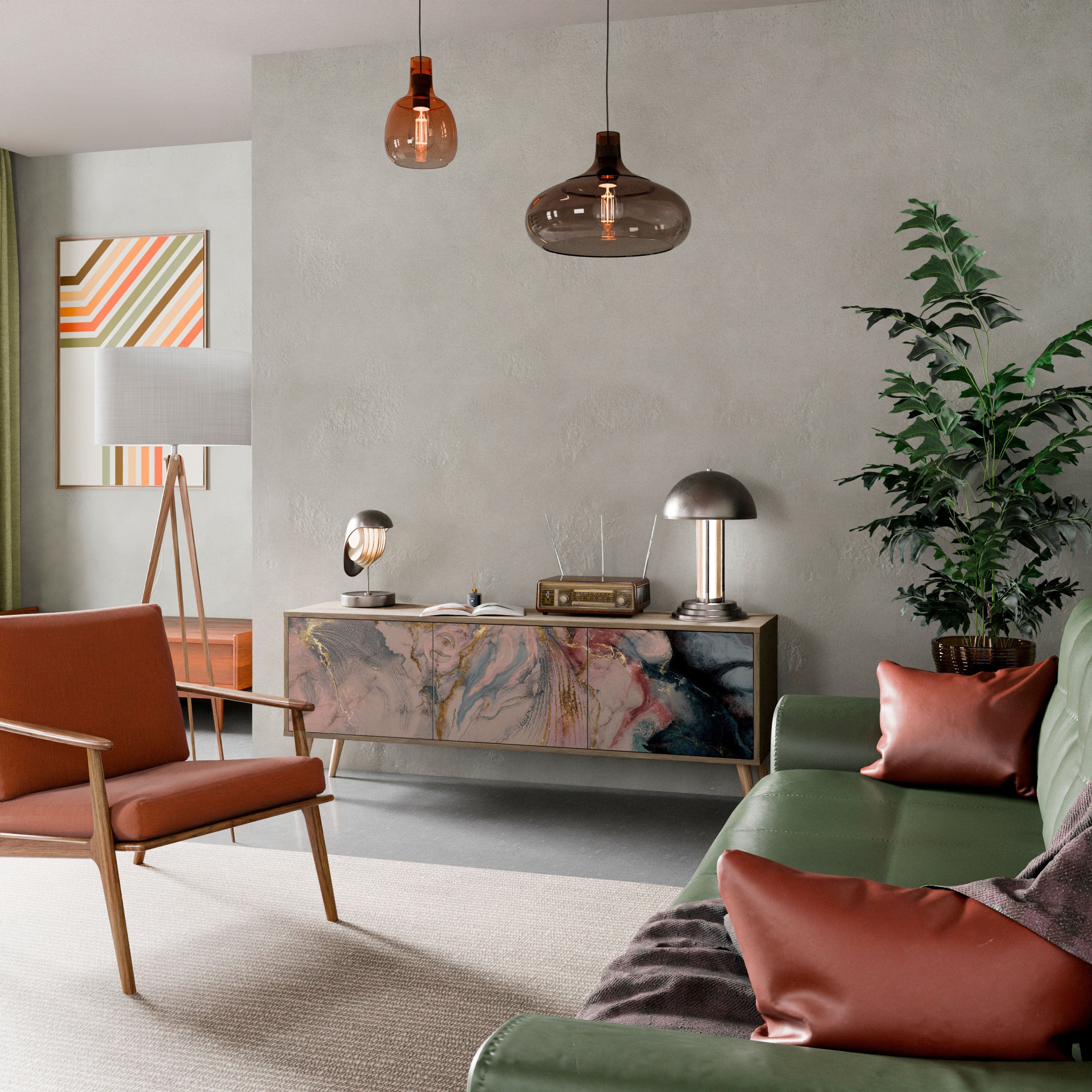 Meuble TV 3 portes GILDED SWIRLS effet chêne