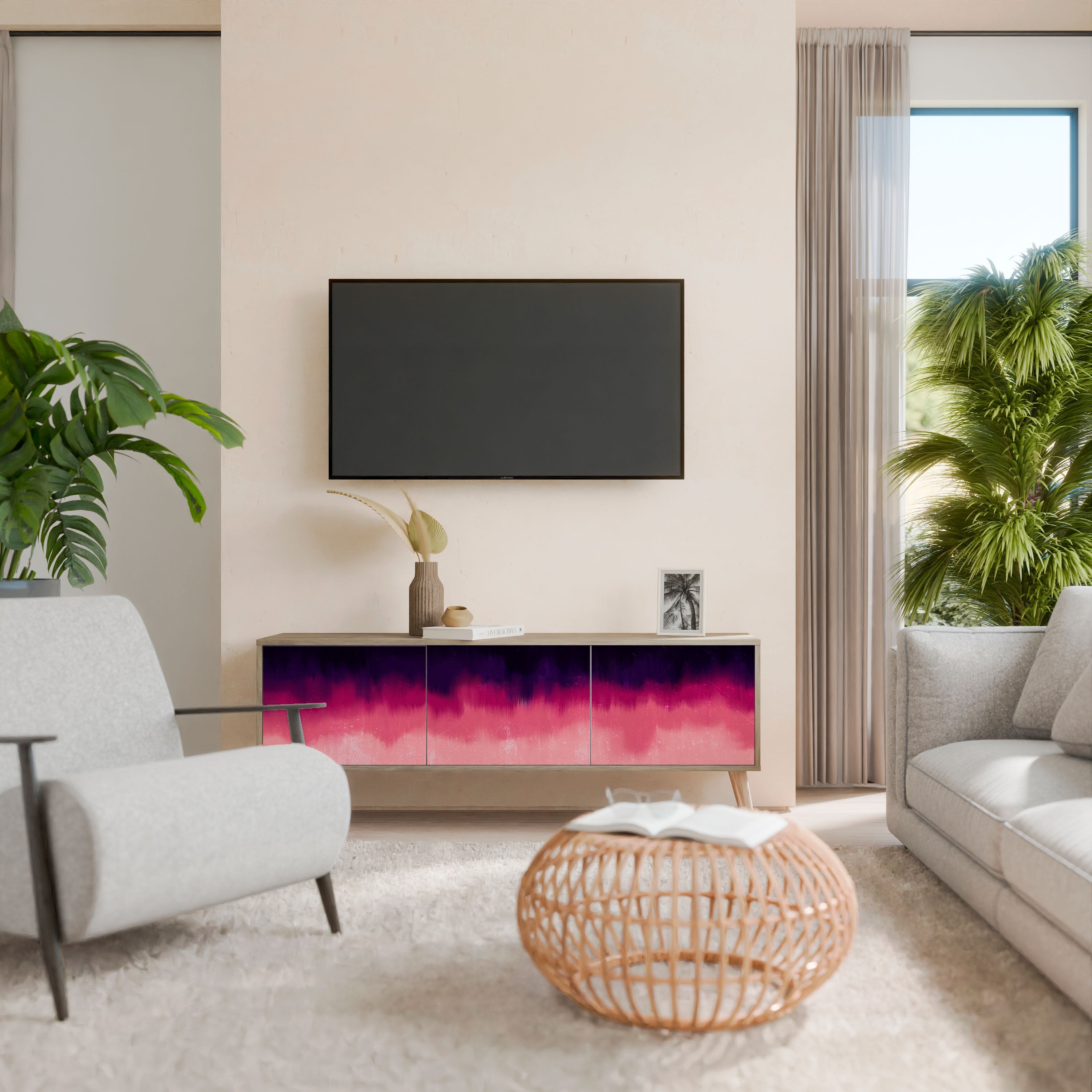 Meuble TV 3 portes AURORA BOREALIS effet chêne