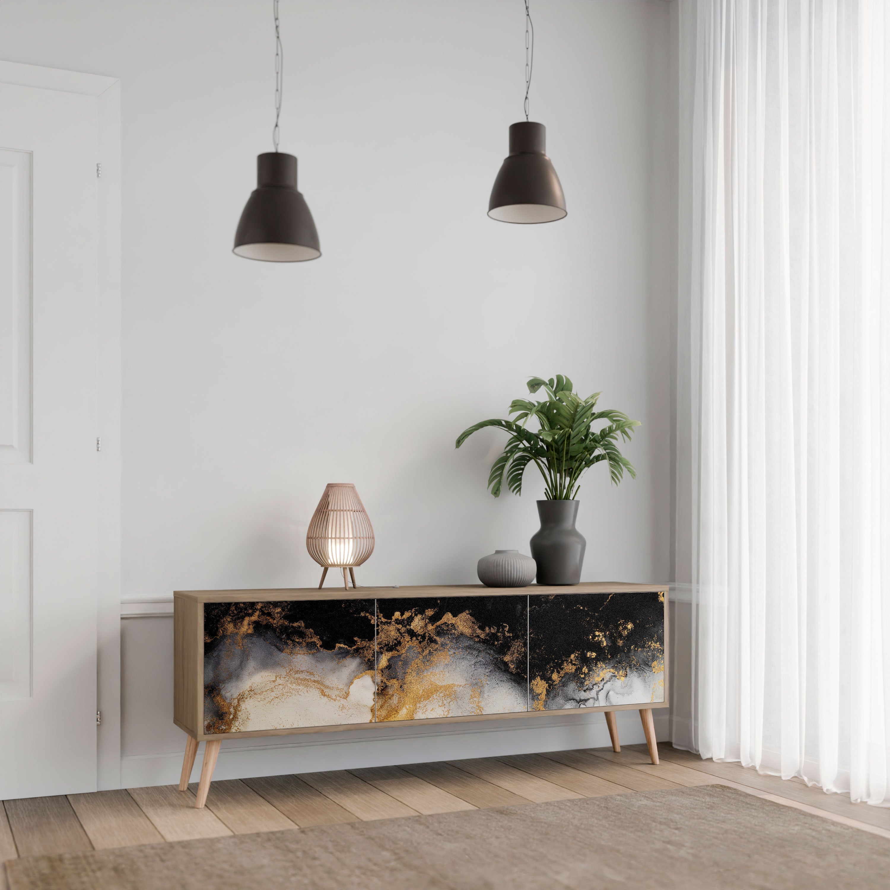 Meuble TV 3 portes MARBLE OF TOMMORROW effet chêne