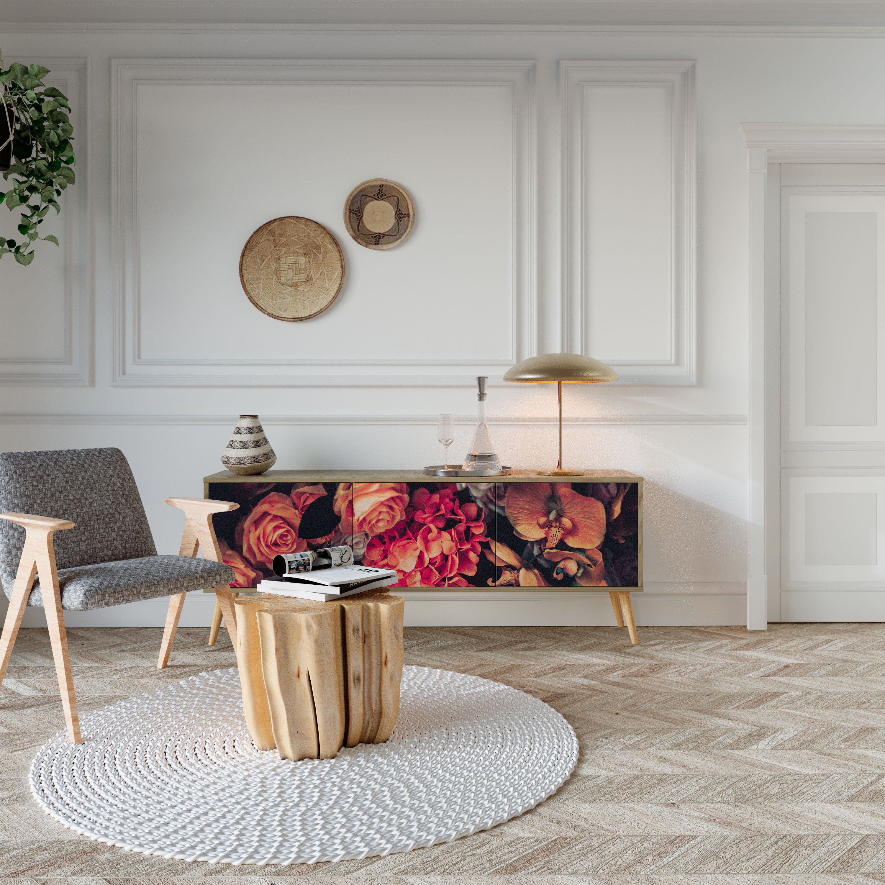 Meuble TV 3 portes NEVERENDING BLOOM effet chêne