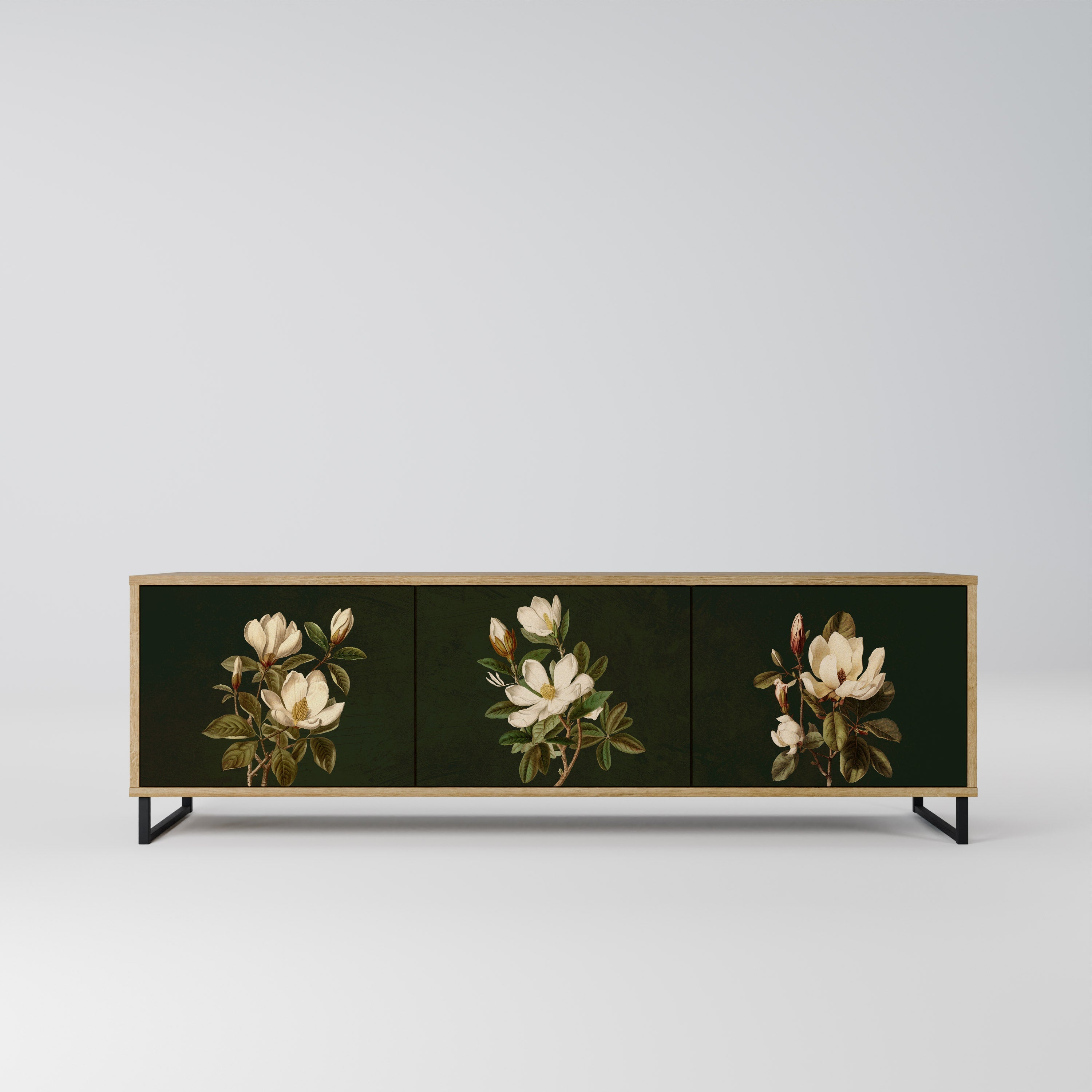 Meuble TV 3 portes FLORAL NOIR effet chêne