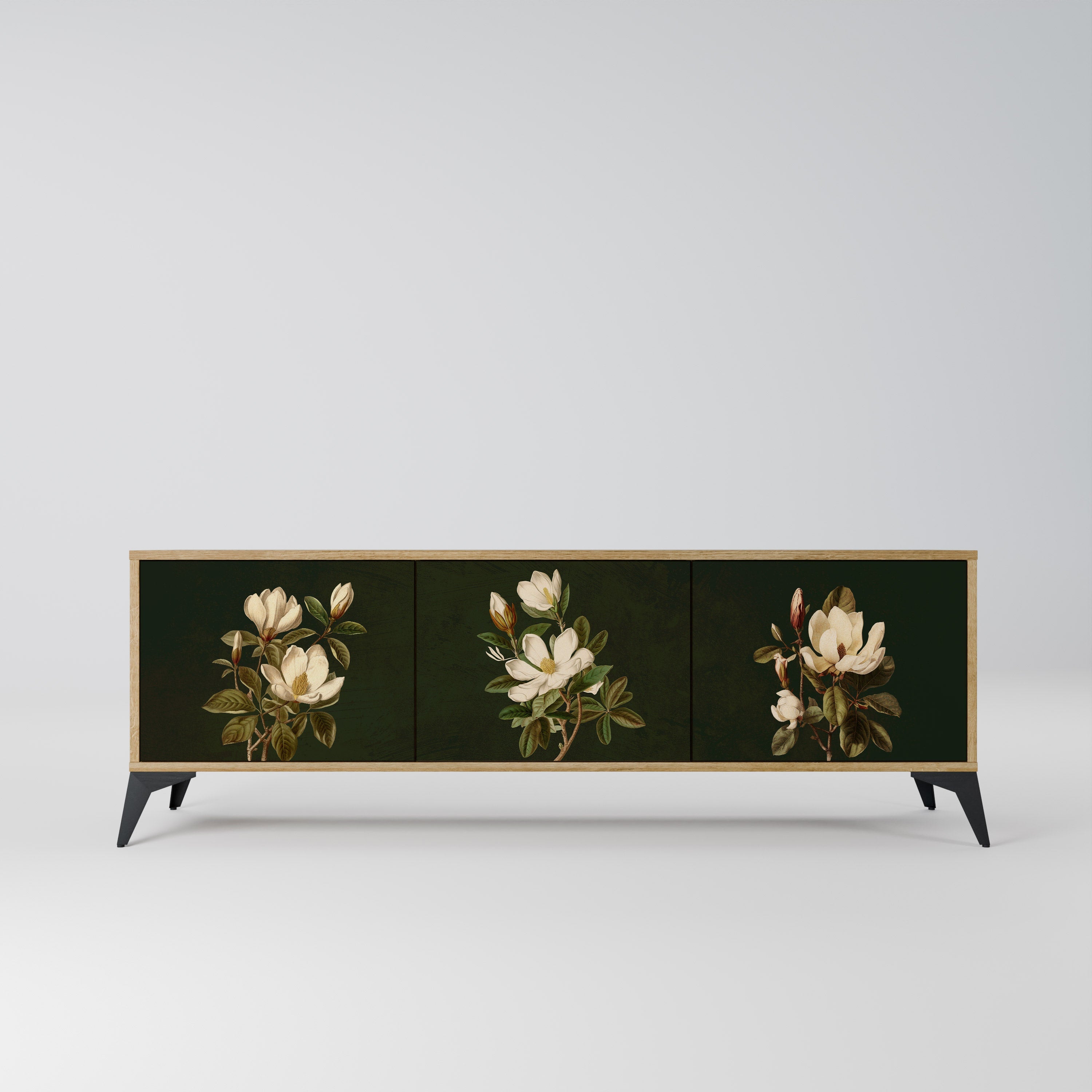 Meuble TV 3 portes FLORAL NOIR effet chêne