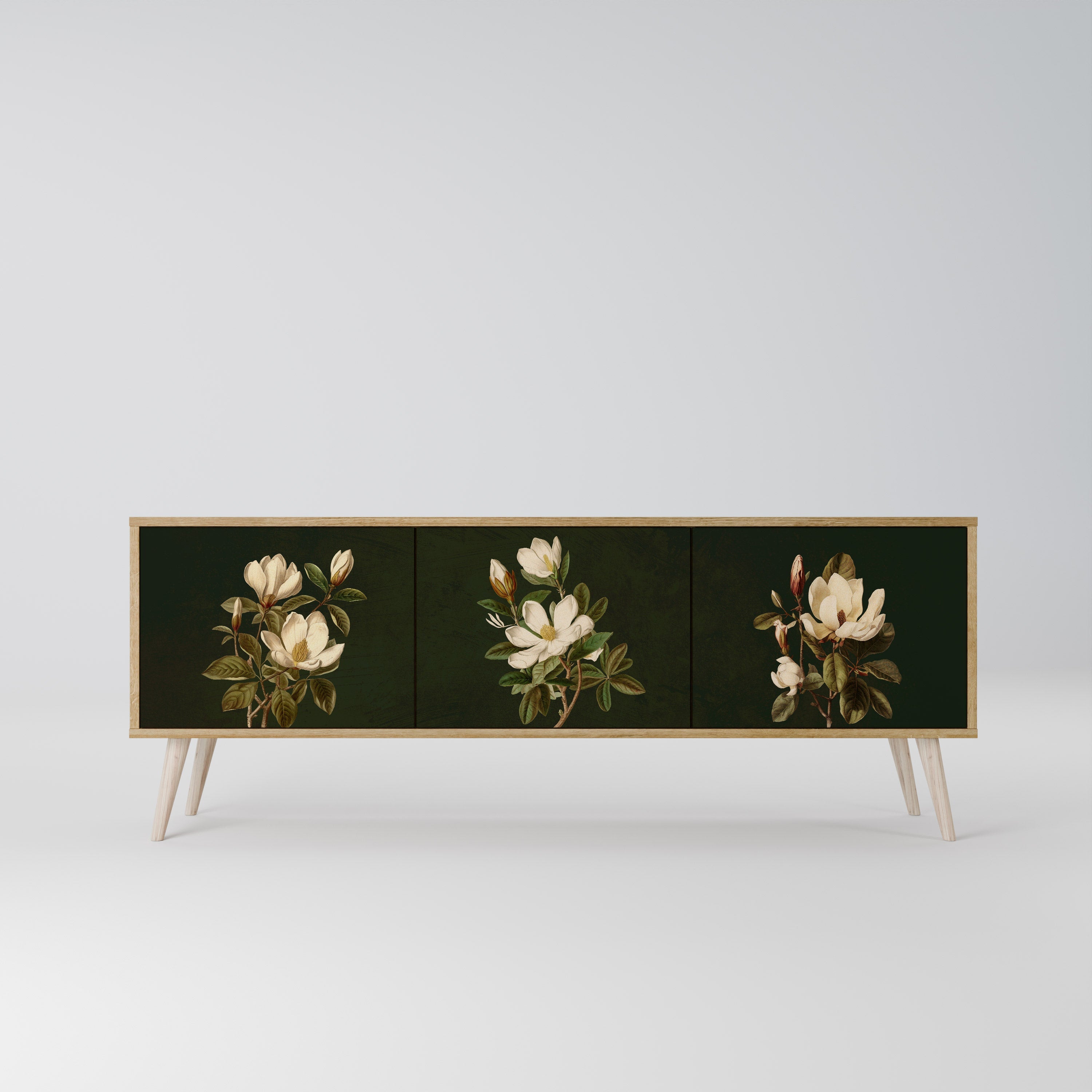 Meuble TV 3 portes FLORAL NOIR effet chêne