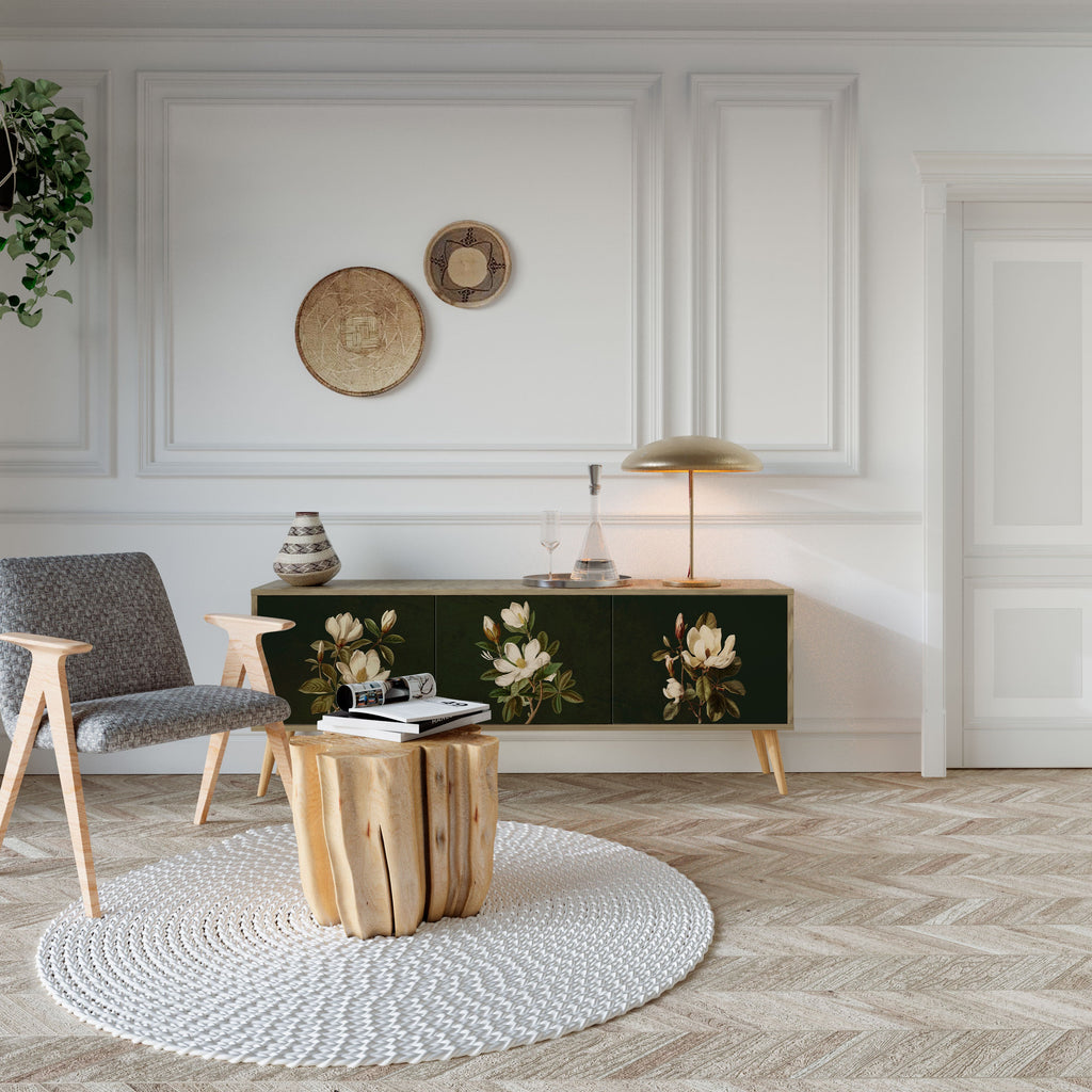 Meuble TV 3 portes FLORAL NOIR effet chêne