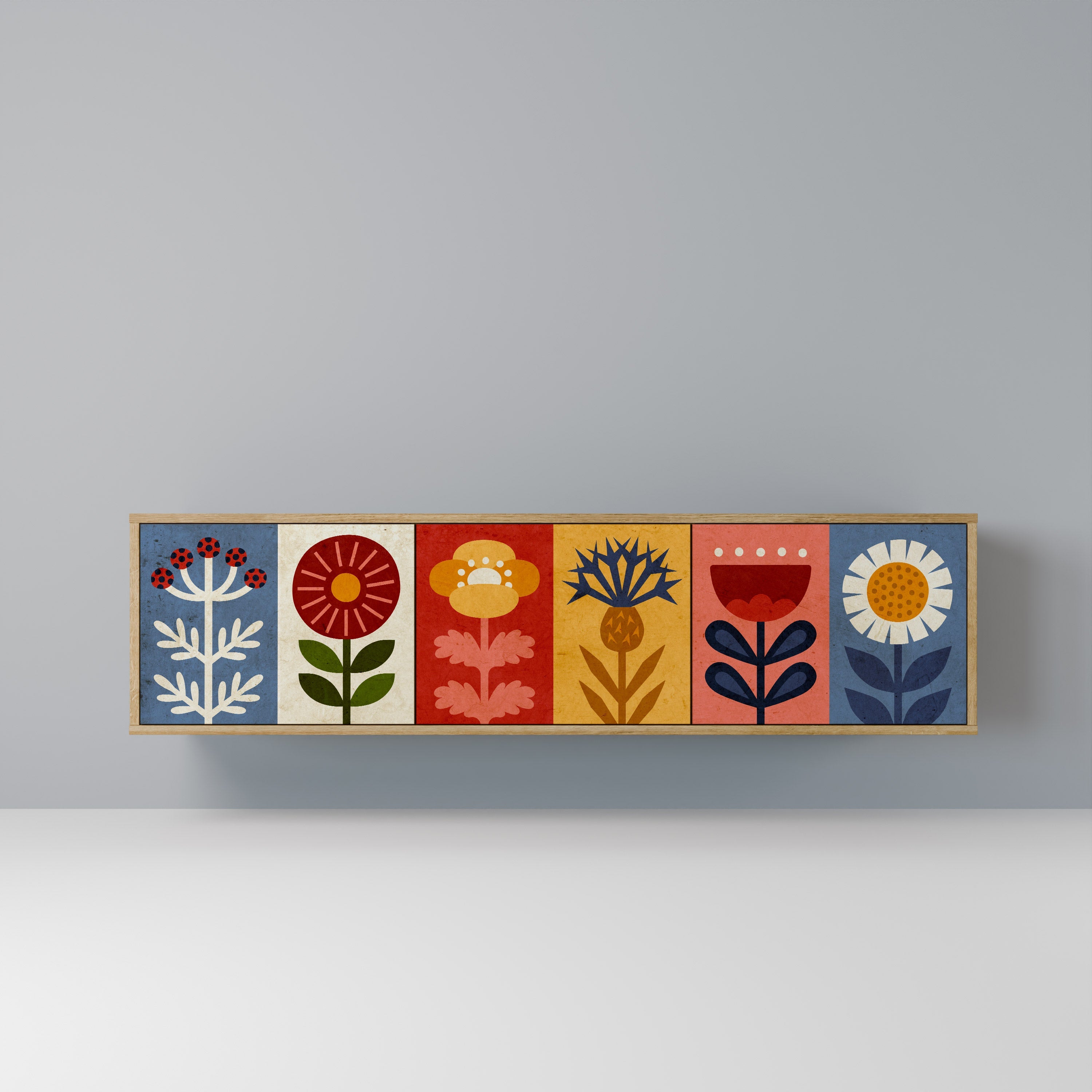 Meuble TV 3 portes SCANDIC FLOWERET effet chêne