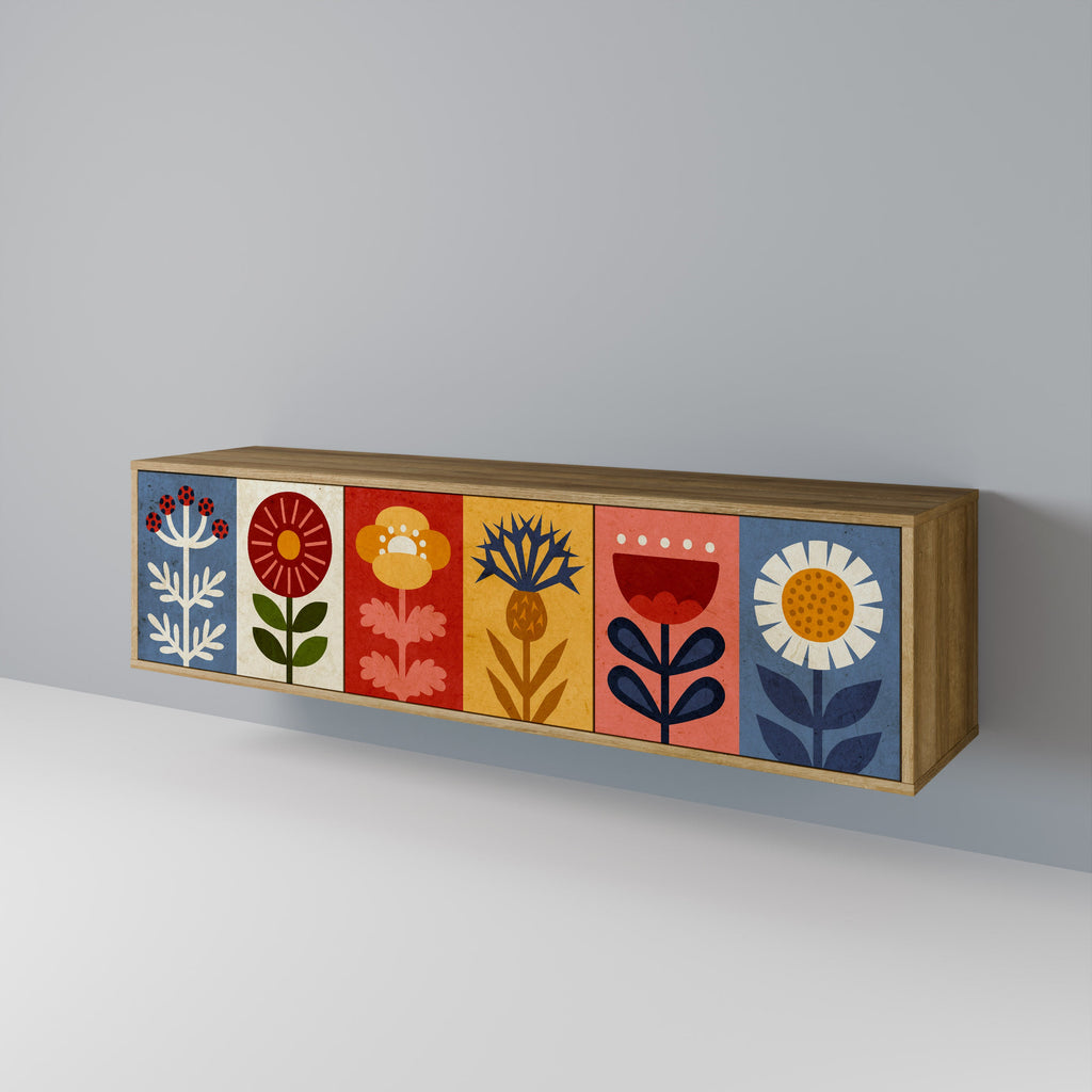 Meuble TV 3 portes SCANDIC FLOWERET effet chêne