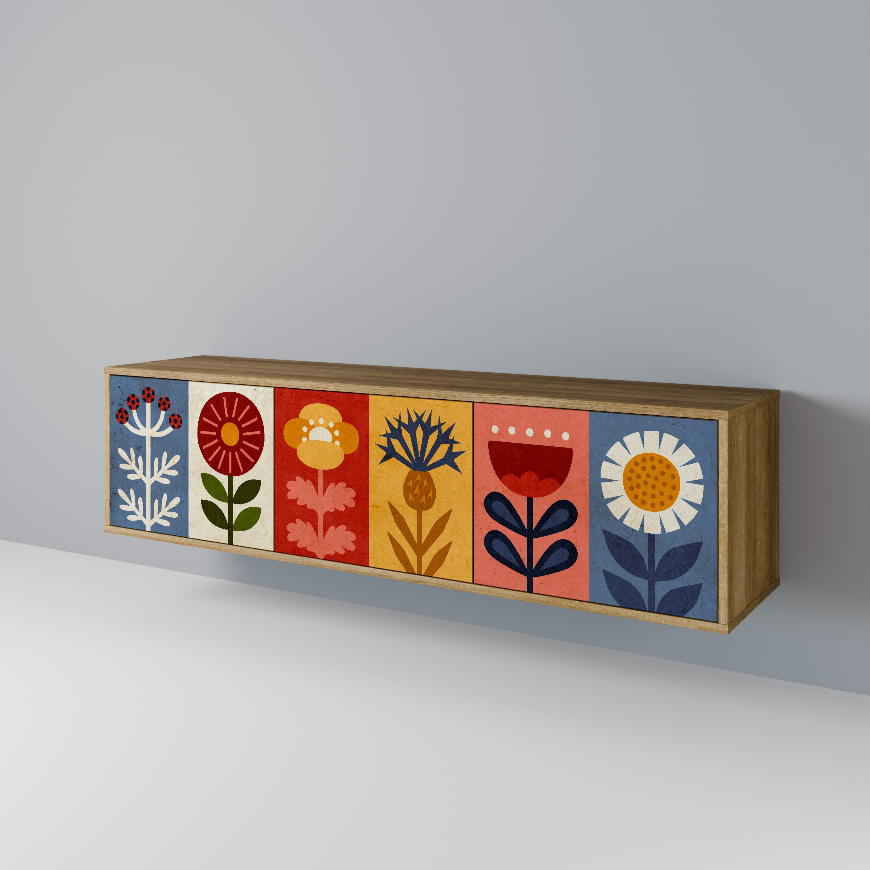 Meuble TV 3 portes SCANDIC FLOWERET effet chêne