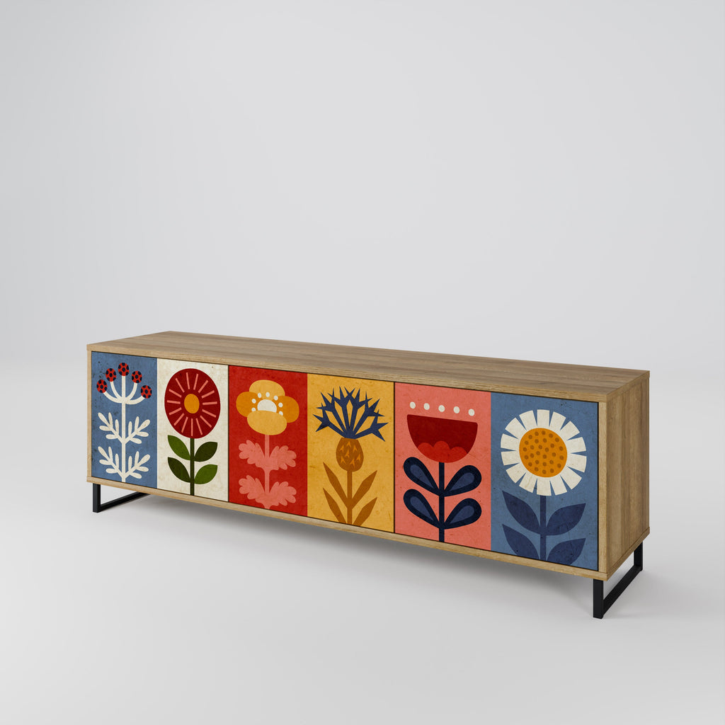 Meuble TV 3 portes SCANDIC FLOWERET effet chêne