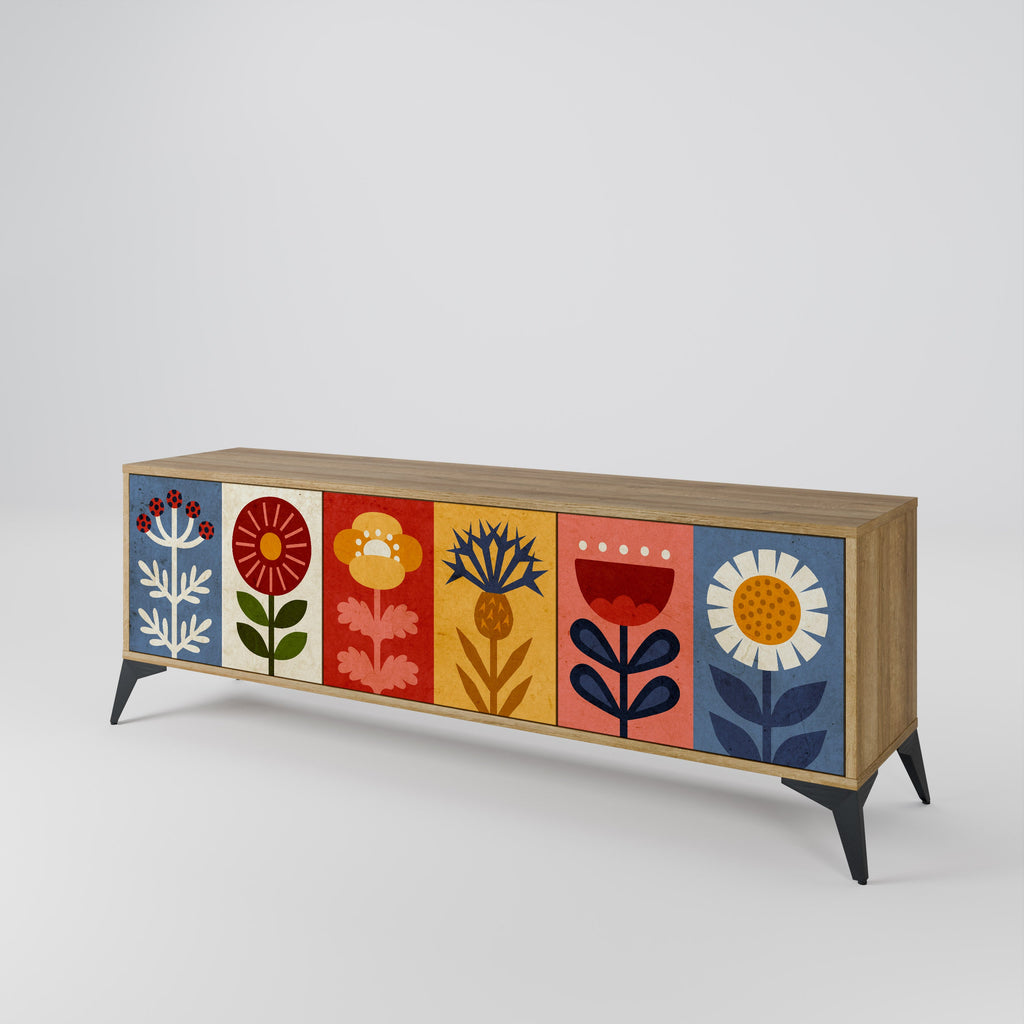 Meuble TV 3 portes SCANDIC FLOWERET effet chêne