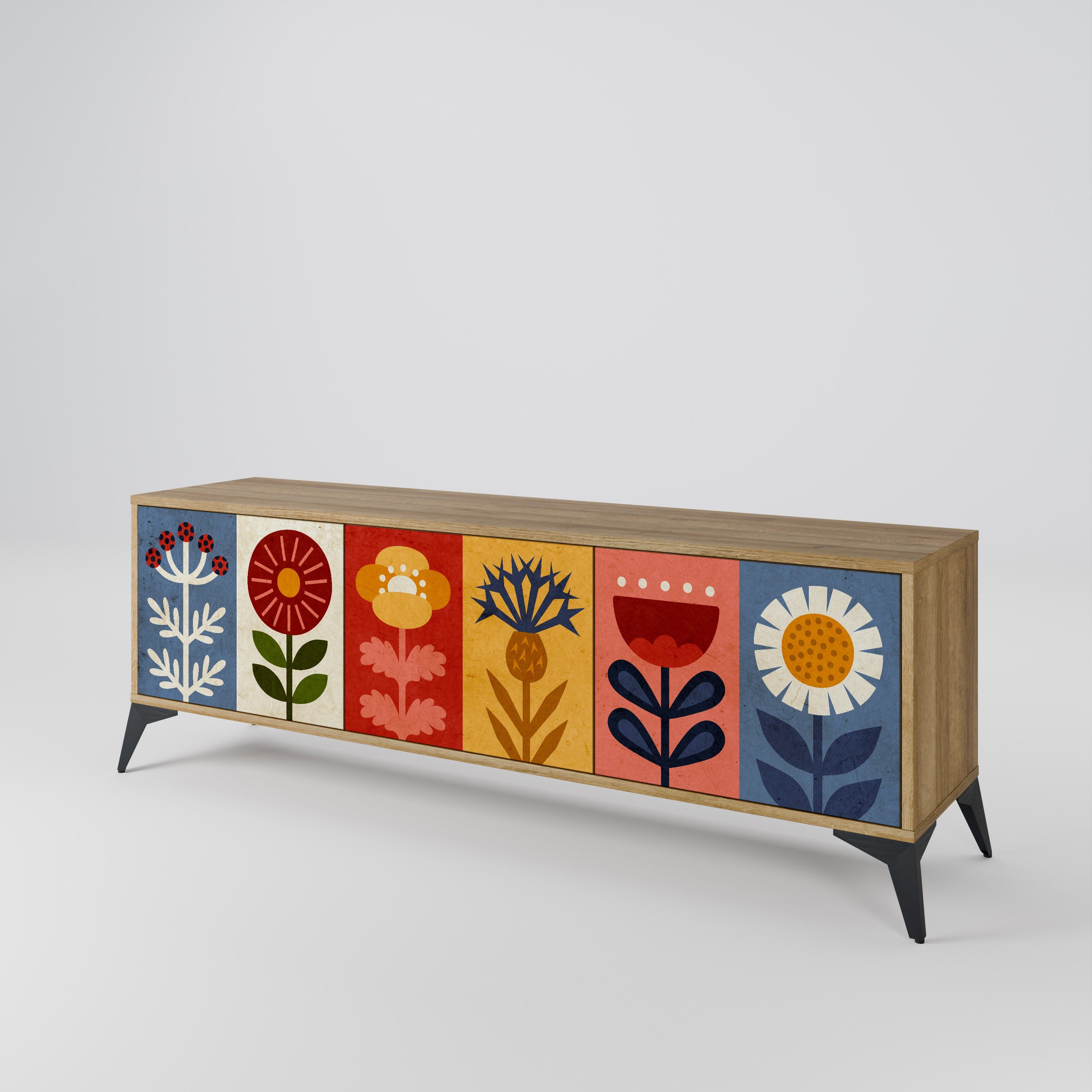 Meuble TV 3 portes SCANDIC FLOWERET effet chêne