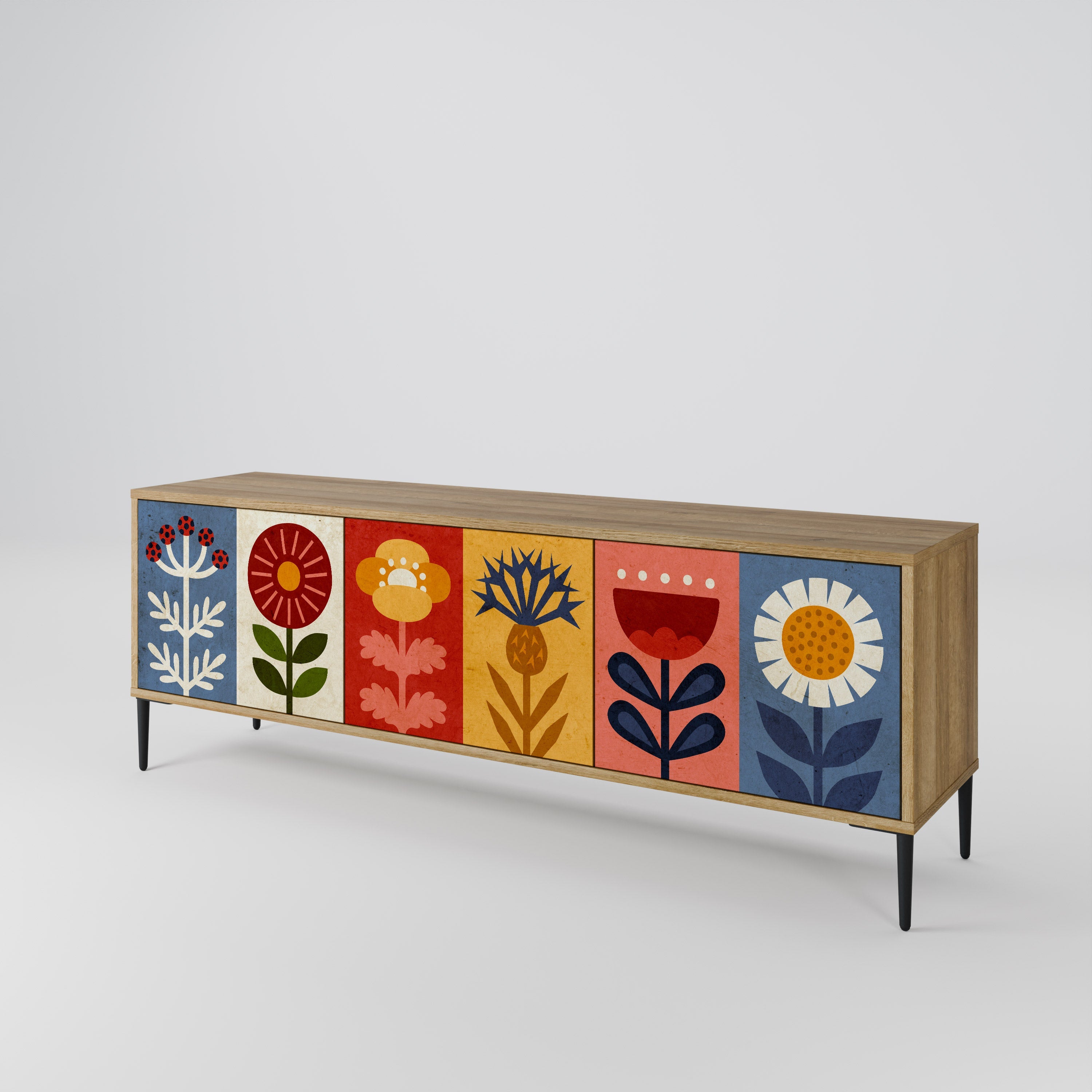 Meuble TV 3 portes SCANDIC FLOWERET effet chêne