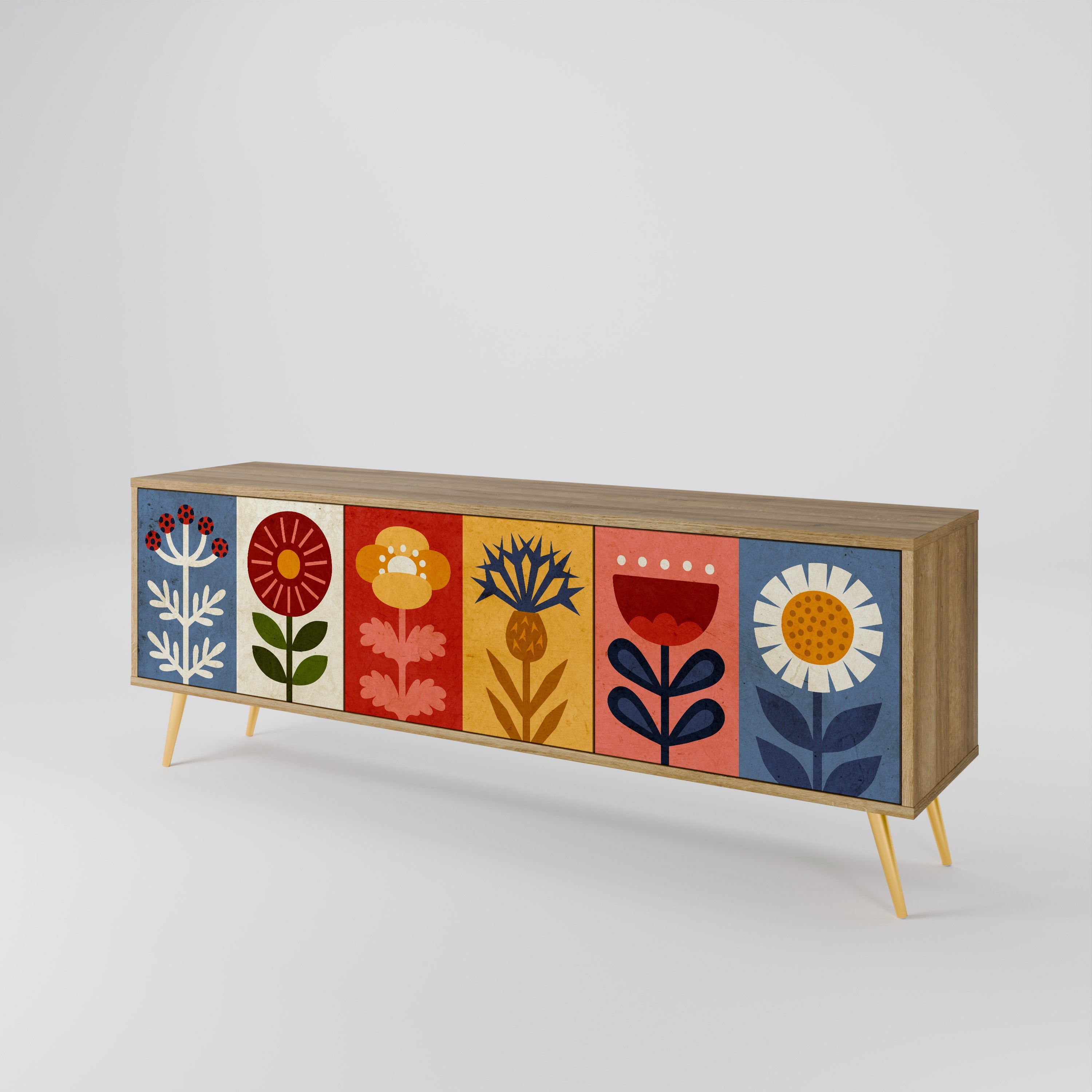 Meuble TV 3 portes SCANDIC FLOWERET effet chêne