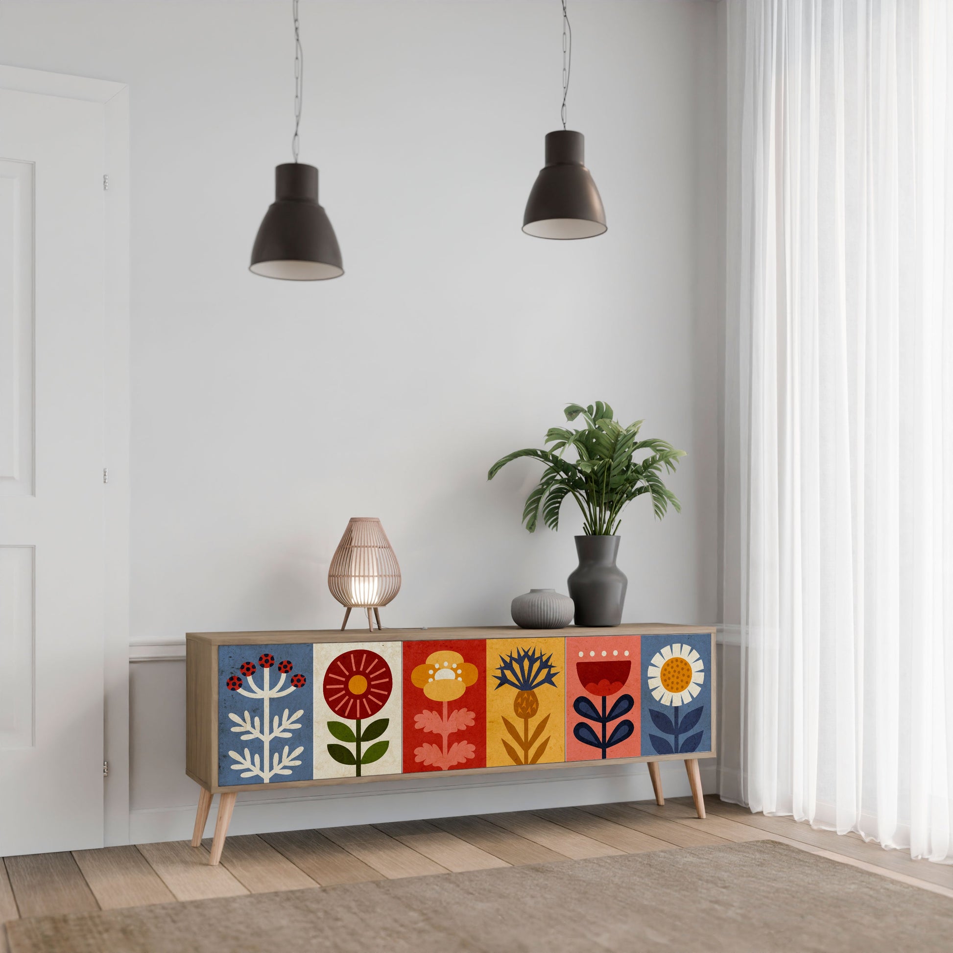 SCANDIC FLOWERET 3-Door TV Stand in Oak Effect