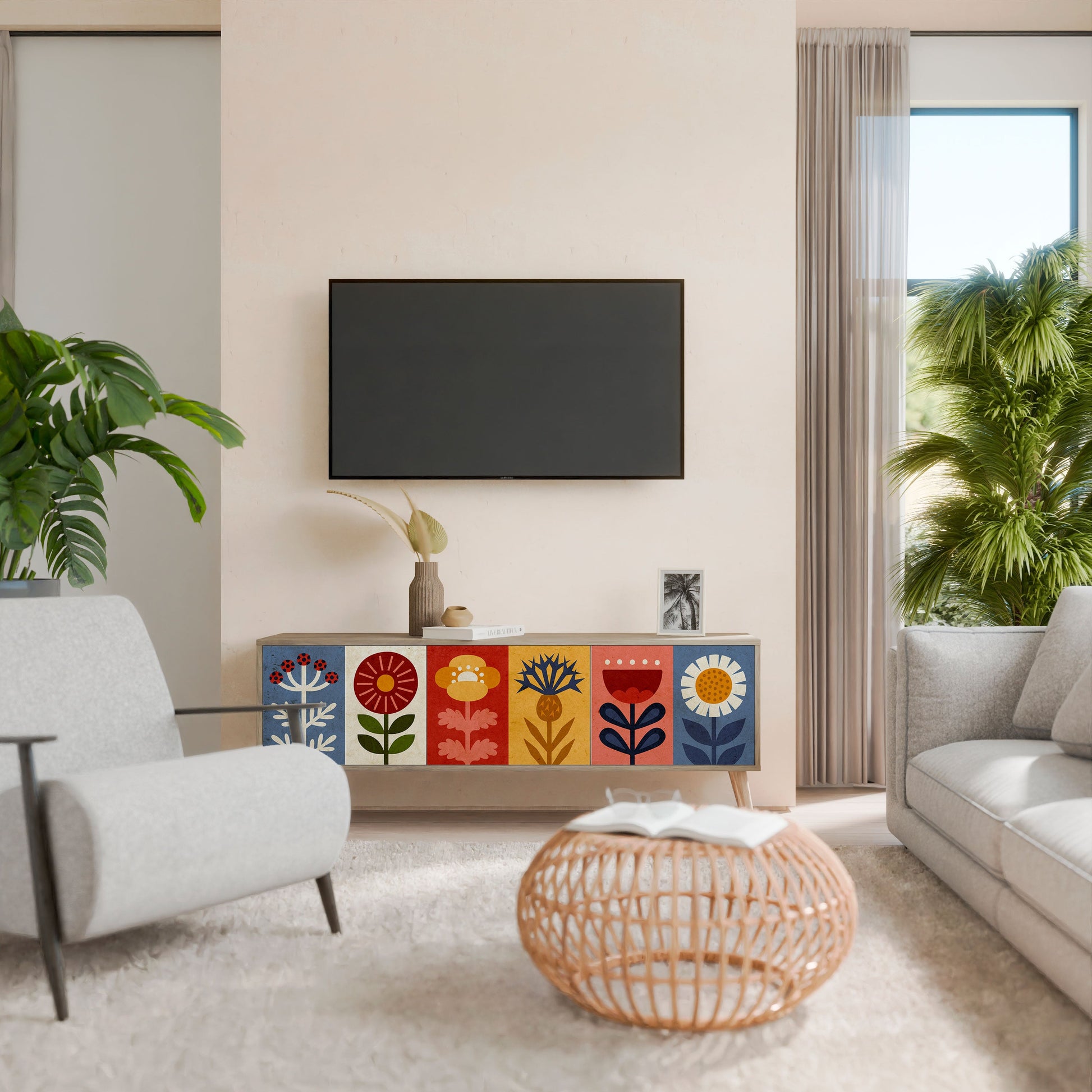 SCANDIC FLOWERET 3-Door TV Stand in Oak Effect