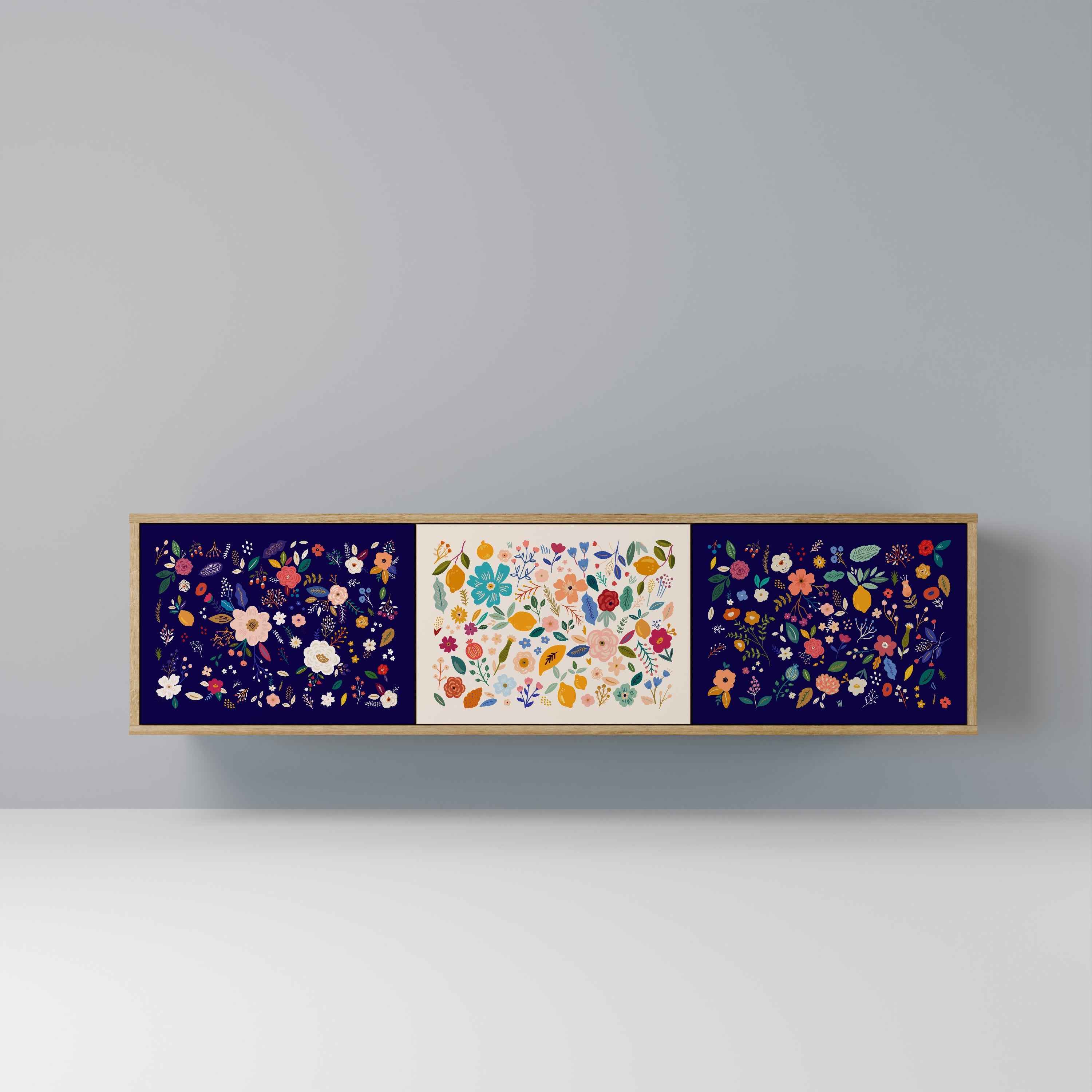 Meuble TV 3 portes FLORAL COMBINATION effet chêne