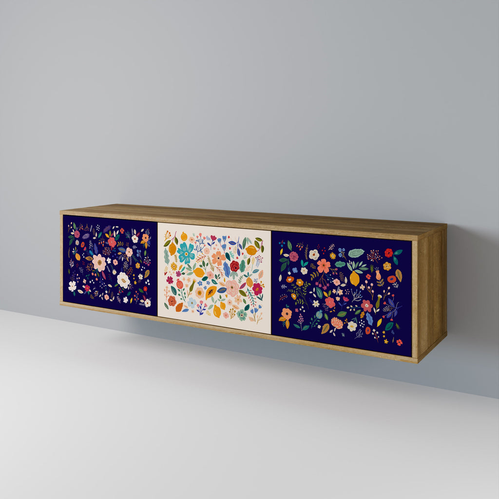 Meuble TV 3 portes FLORAL COMBINATION effet chêne