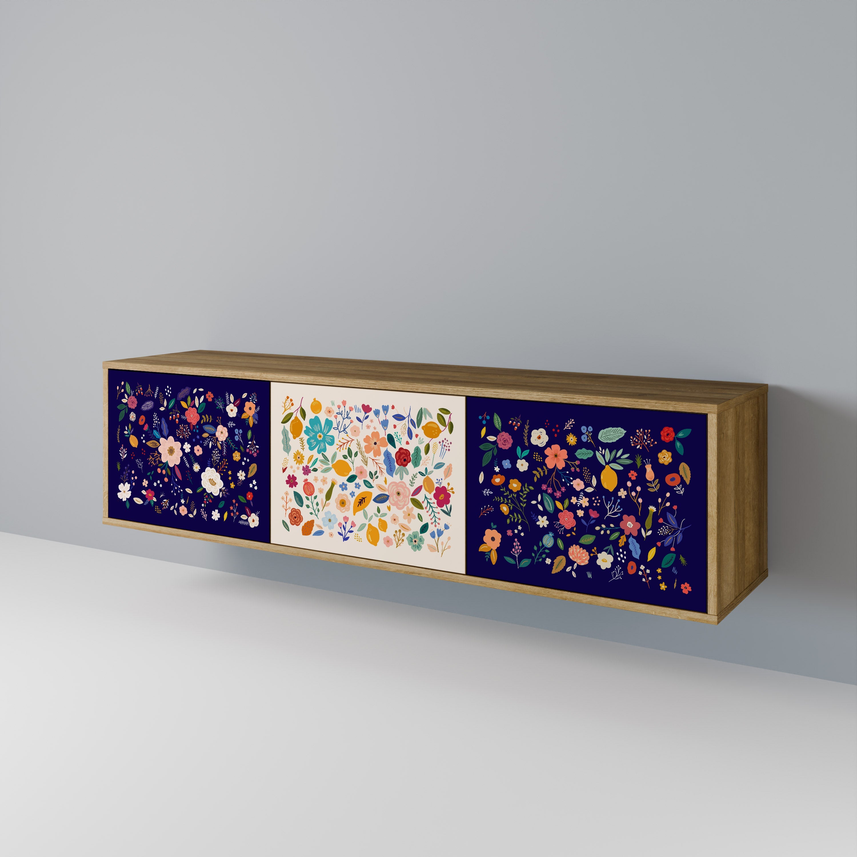 Meuble TV 3 portes FLORAL COMBINATION effet chêne