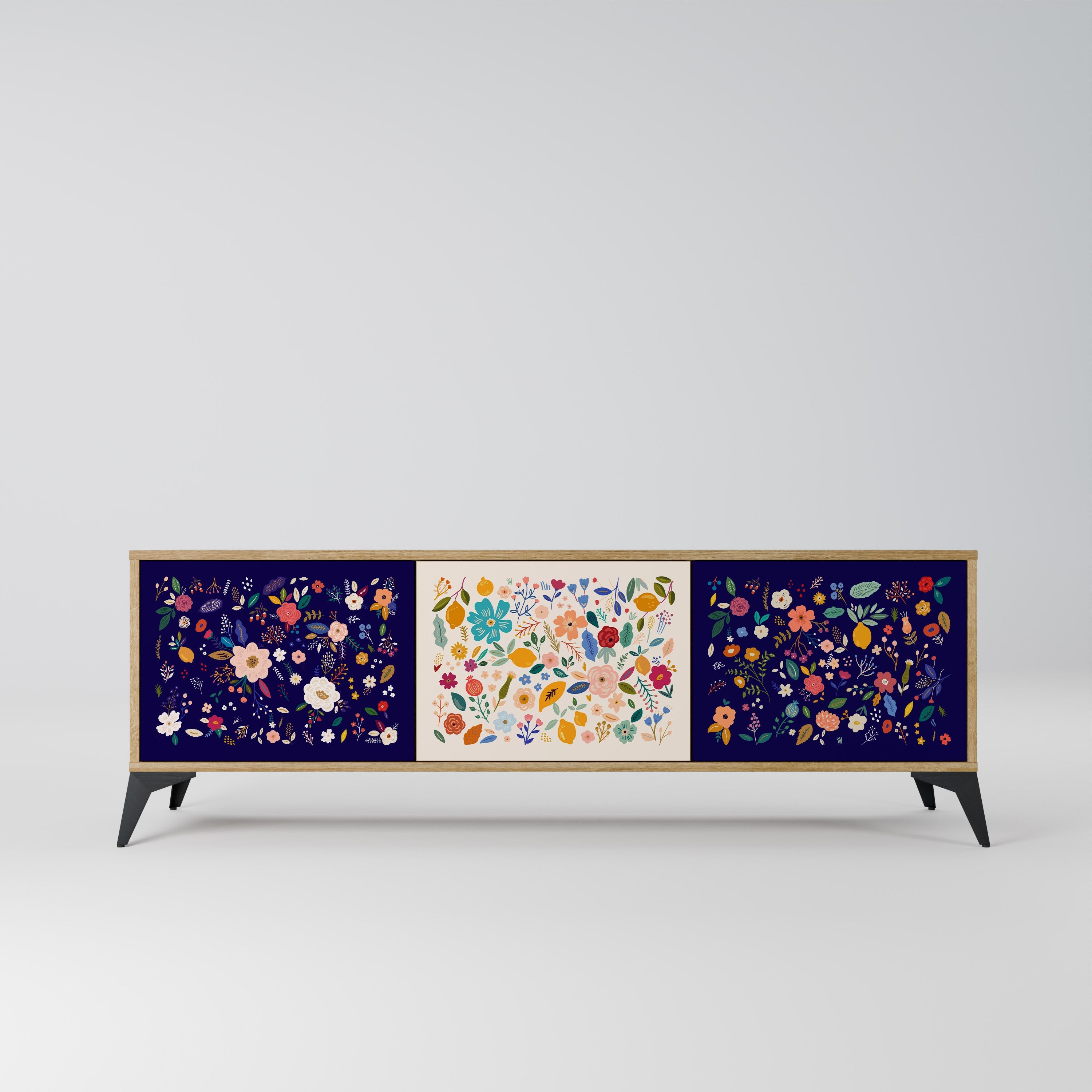 Meuble TV 3 portes FLORAL COMBINATION effet chêne