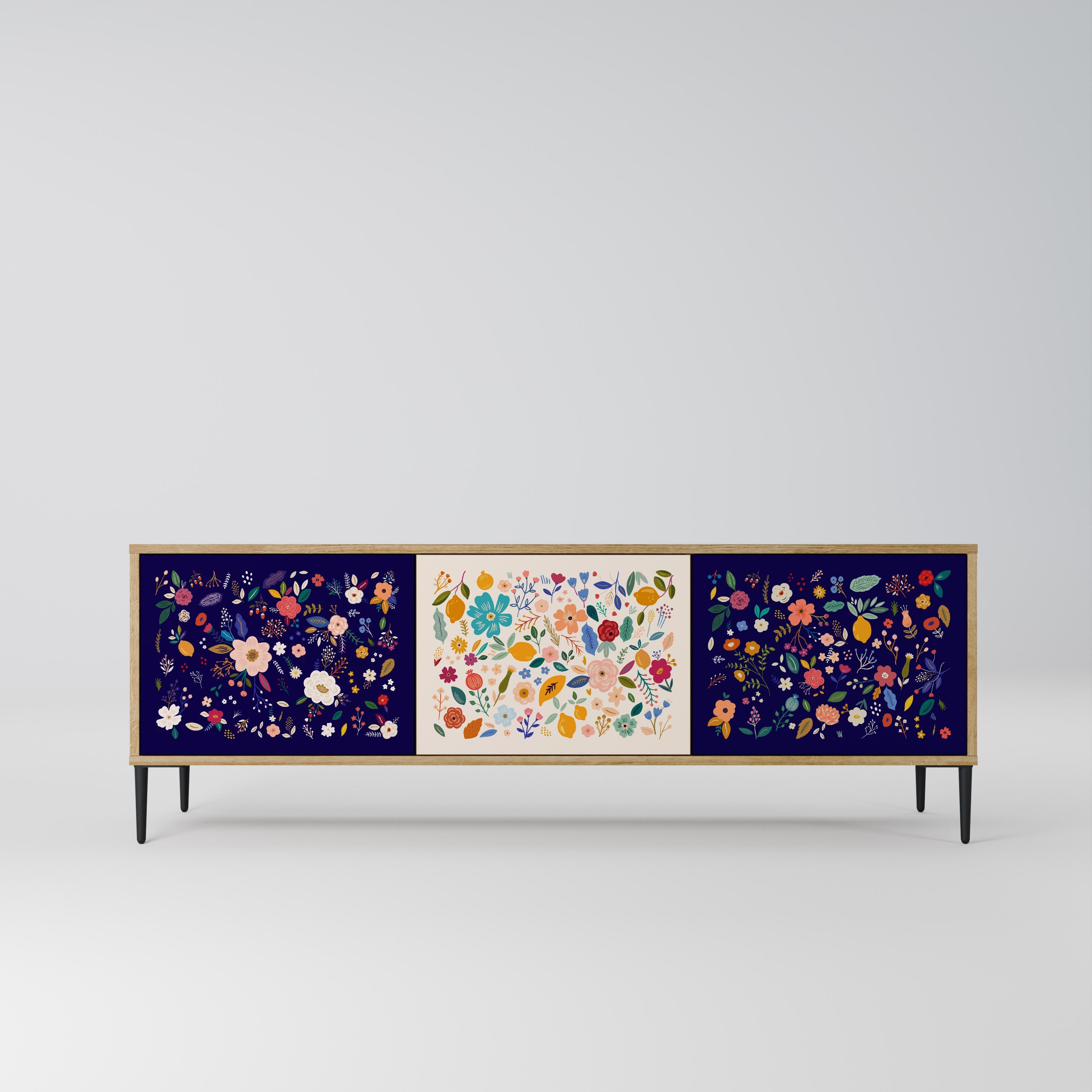 Meuble TV 3 portes FLORAL COMBINATION effet chêne