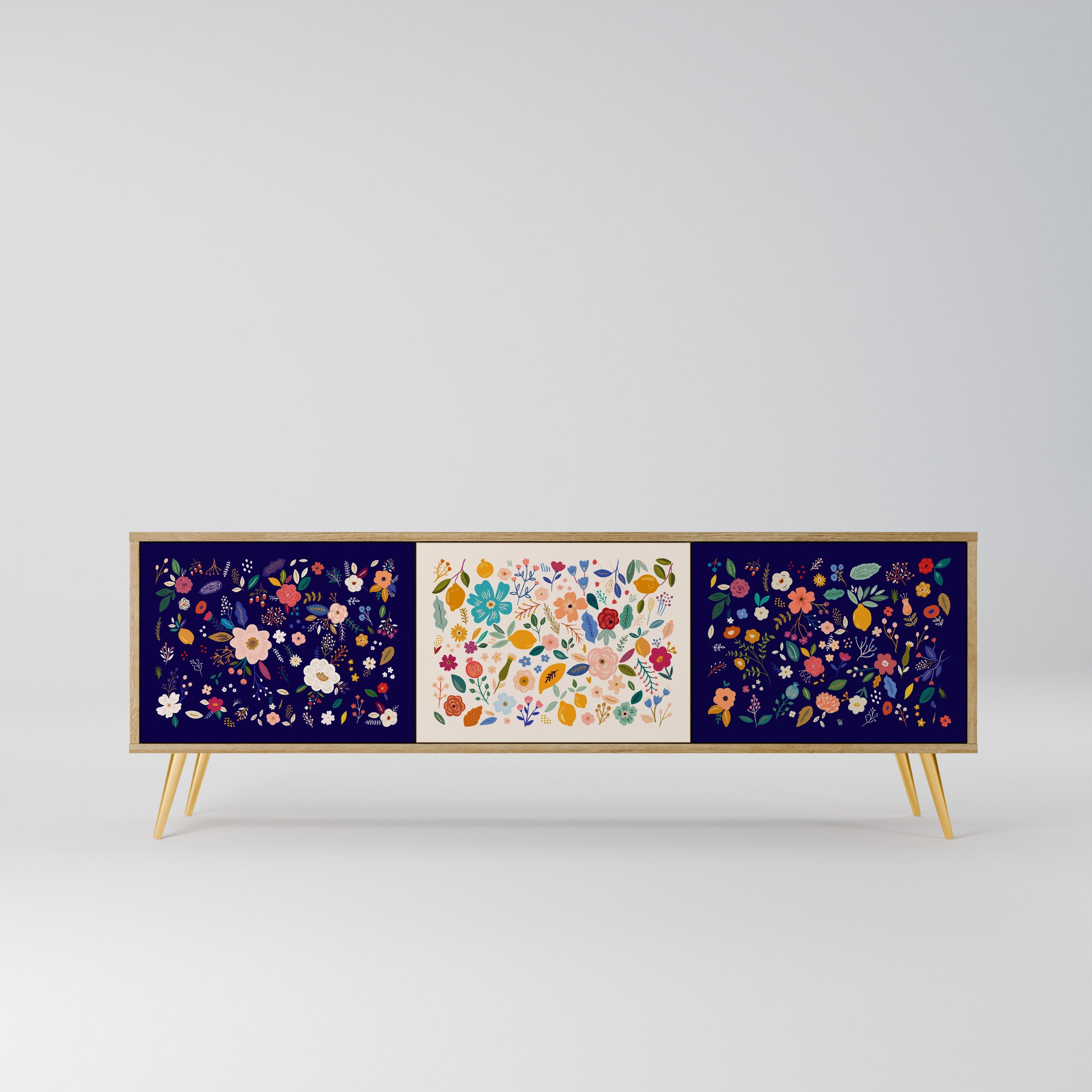 Meuble TV 3 portes FLORAL COMBINATION effet chêne