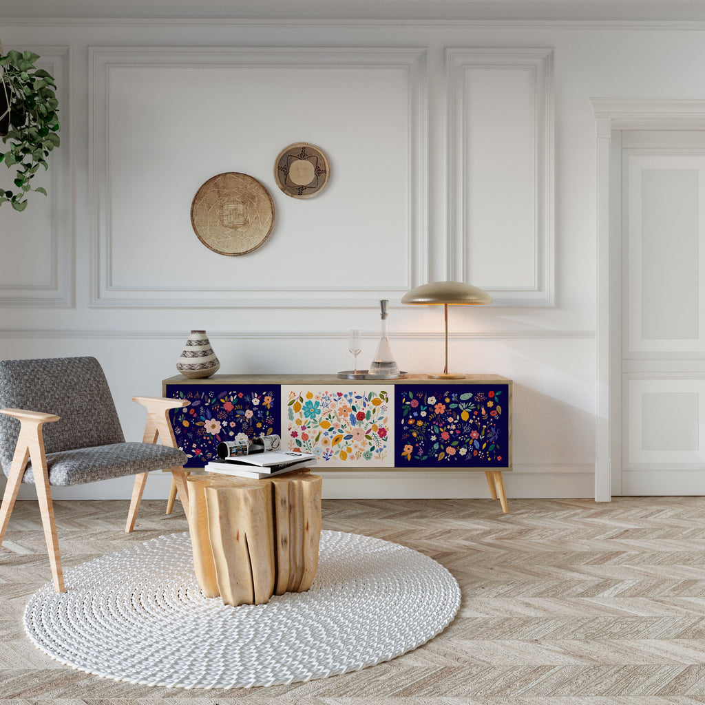 Meuble TV 3 portes FLORAL COMBINATION effet chêne