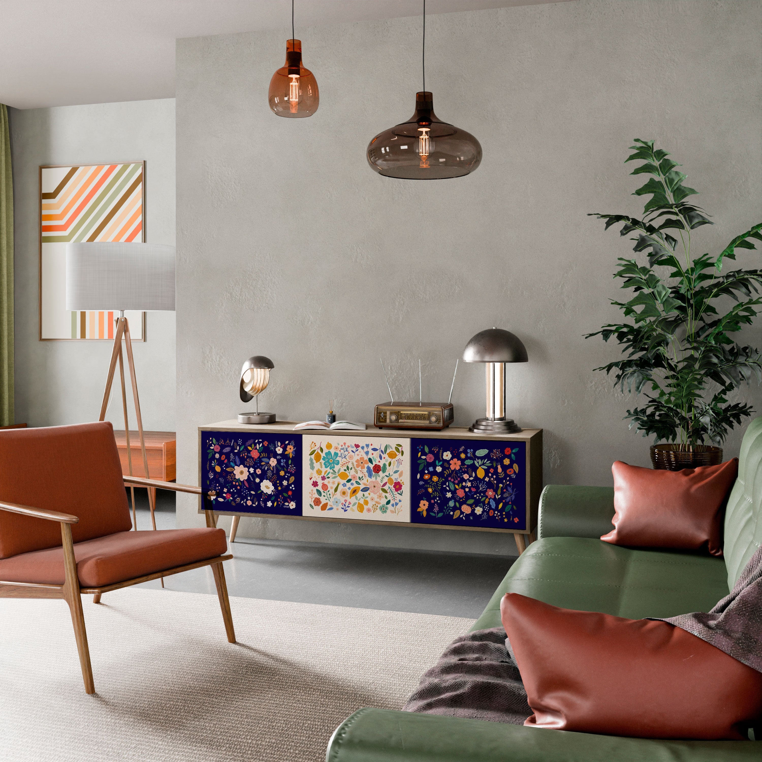 Meuble TV 3 portes FLORAL COMBINATION effet chêne