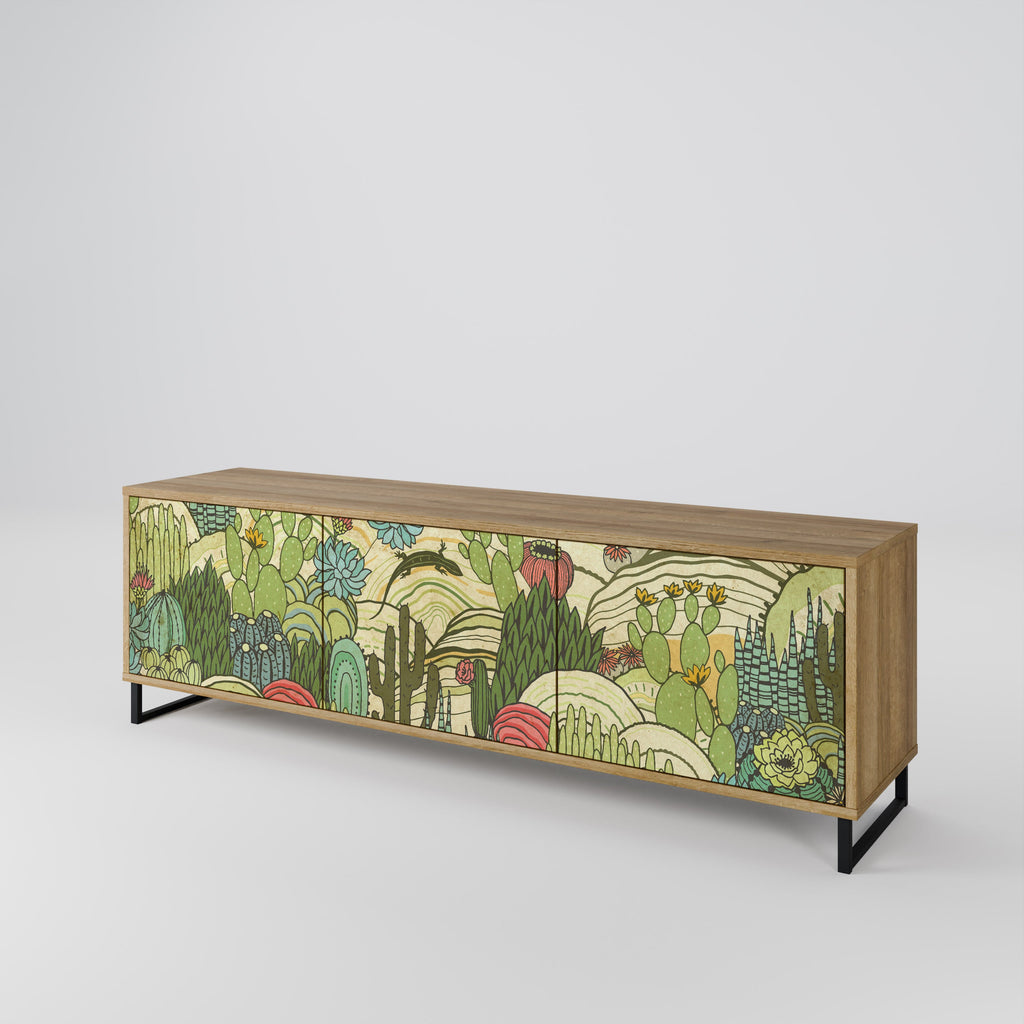 Meuble TV 3 portes SUCCULENTS KALEIDOSCOPE effet chêne