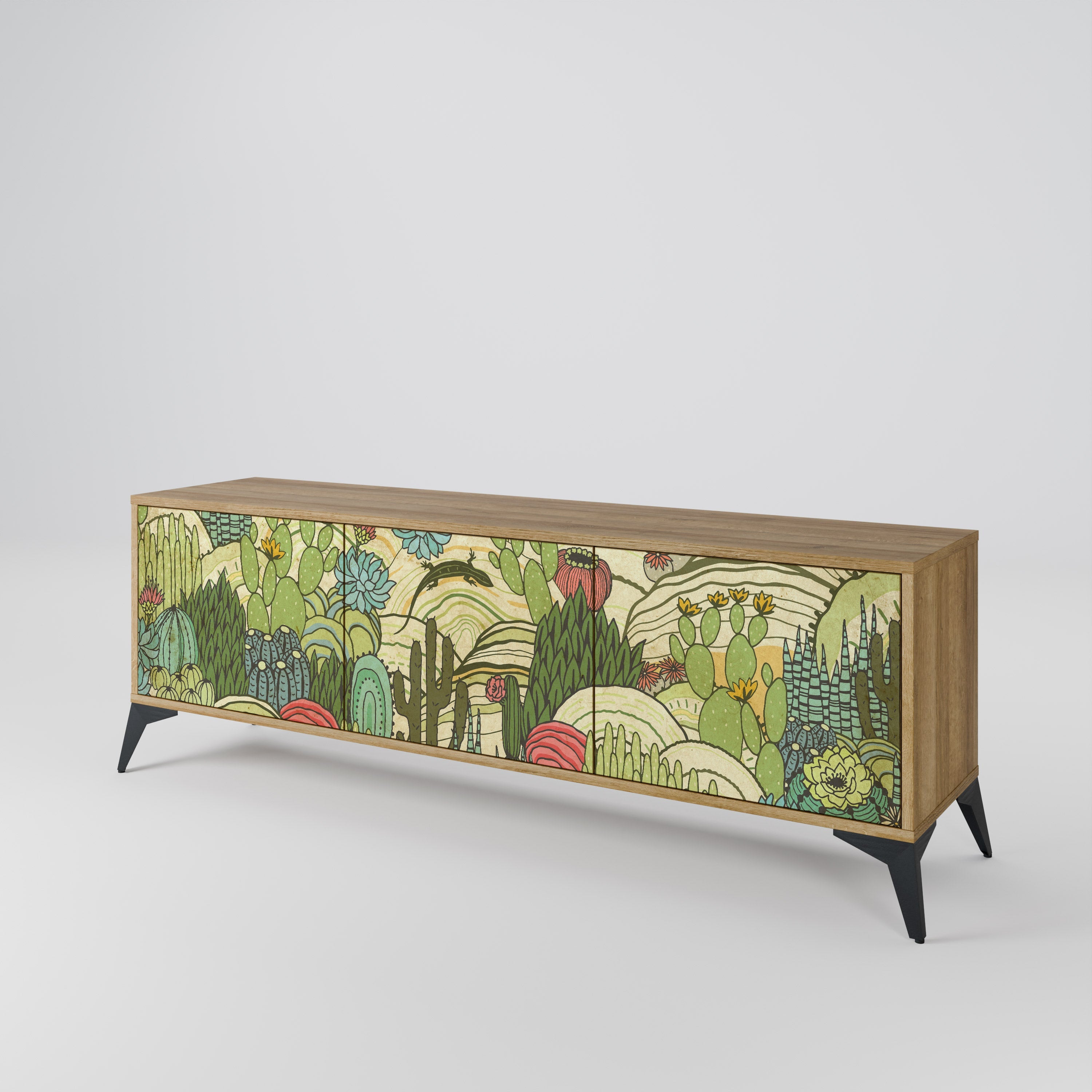 Meuble TV 3 portes SUCCULENTS KALEIDOSCOPE effet chêne