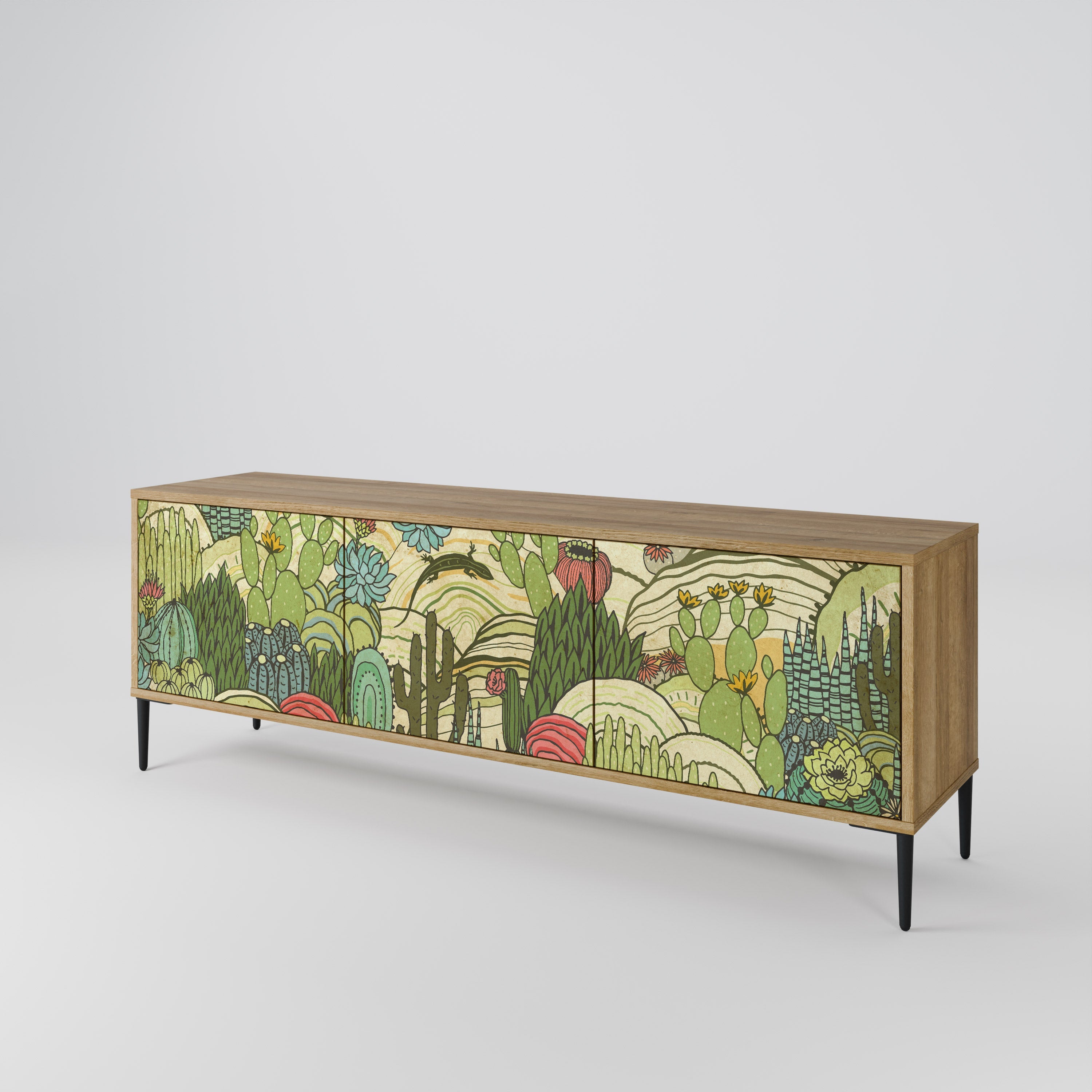 Meuble TV 3 portes SUCCULENTS KALEIDOSCOPE effet chêne